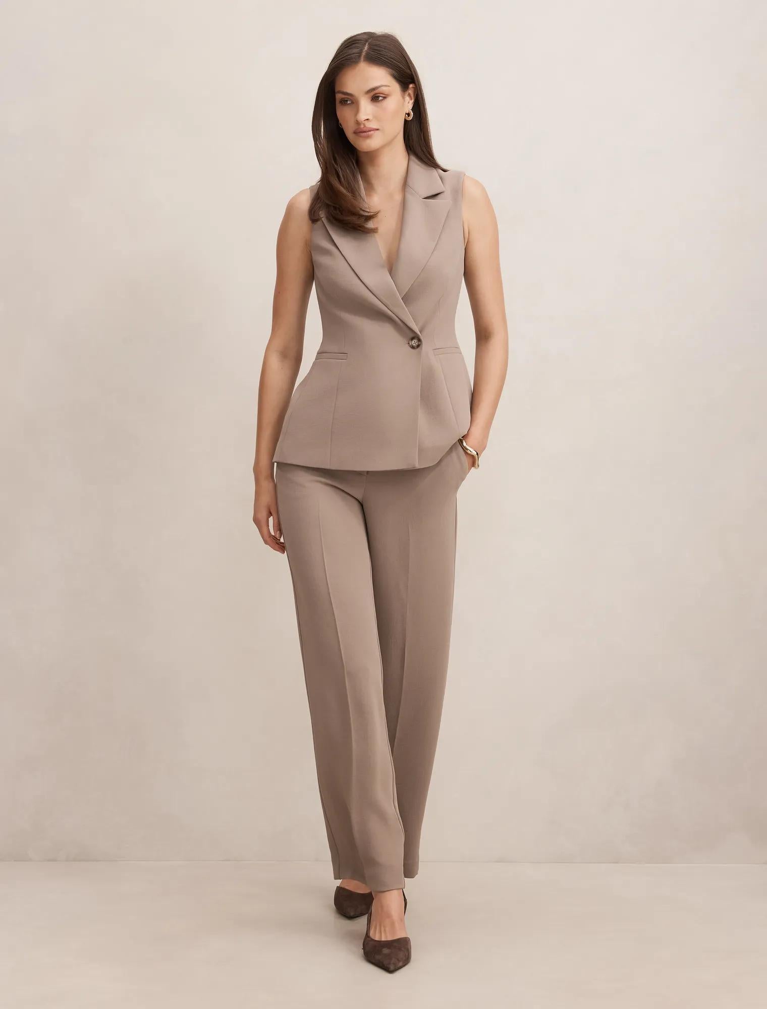 Dani Tailored Straight Leg Pants Brown Taupe Suit