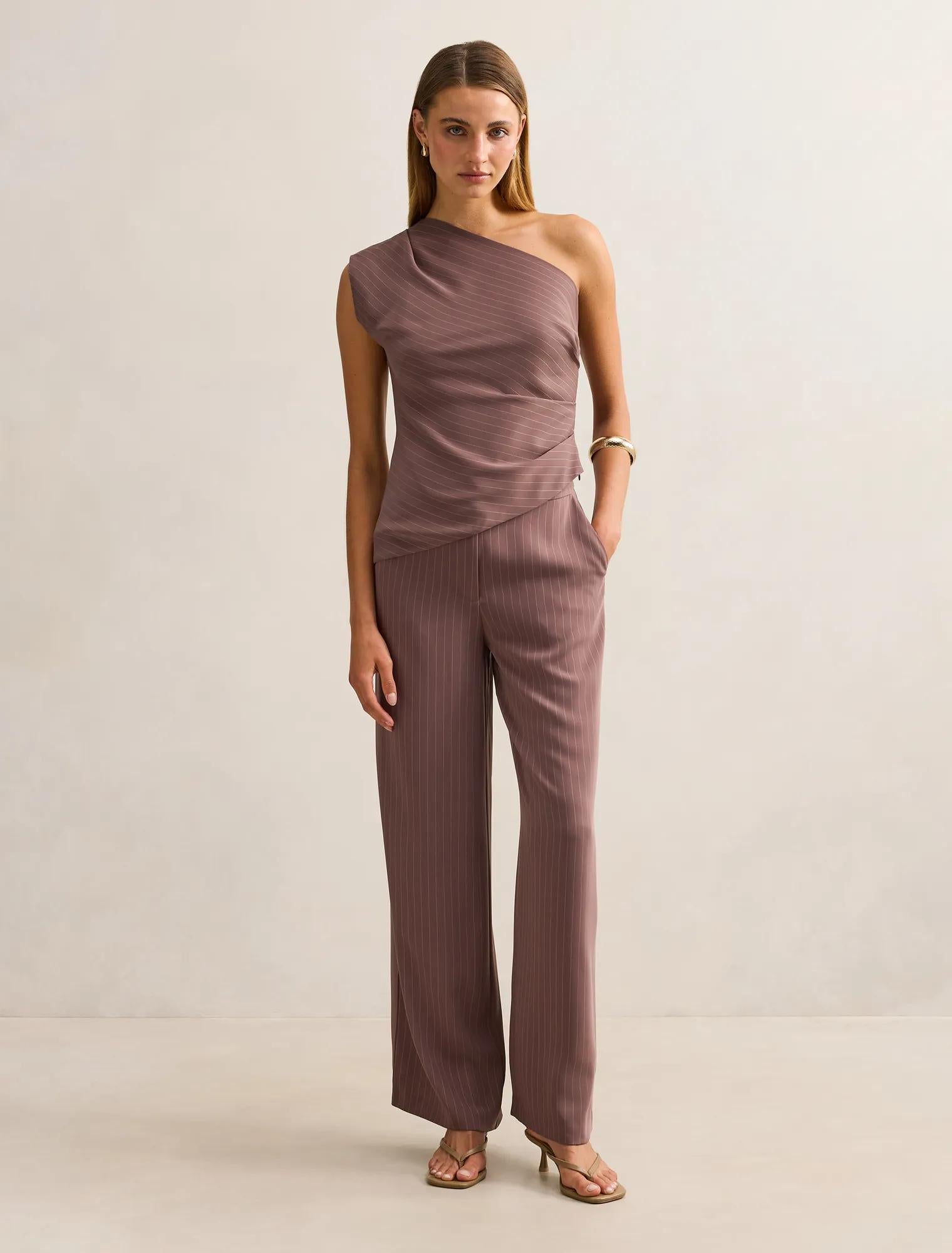 Willow Wide Leg Pants Mocha Pinstripe Set