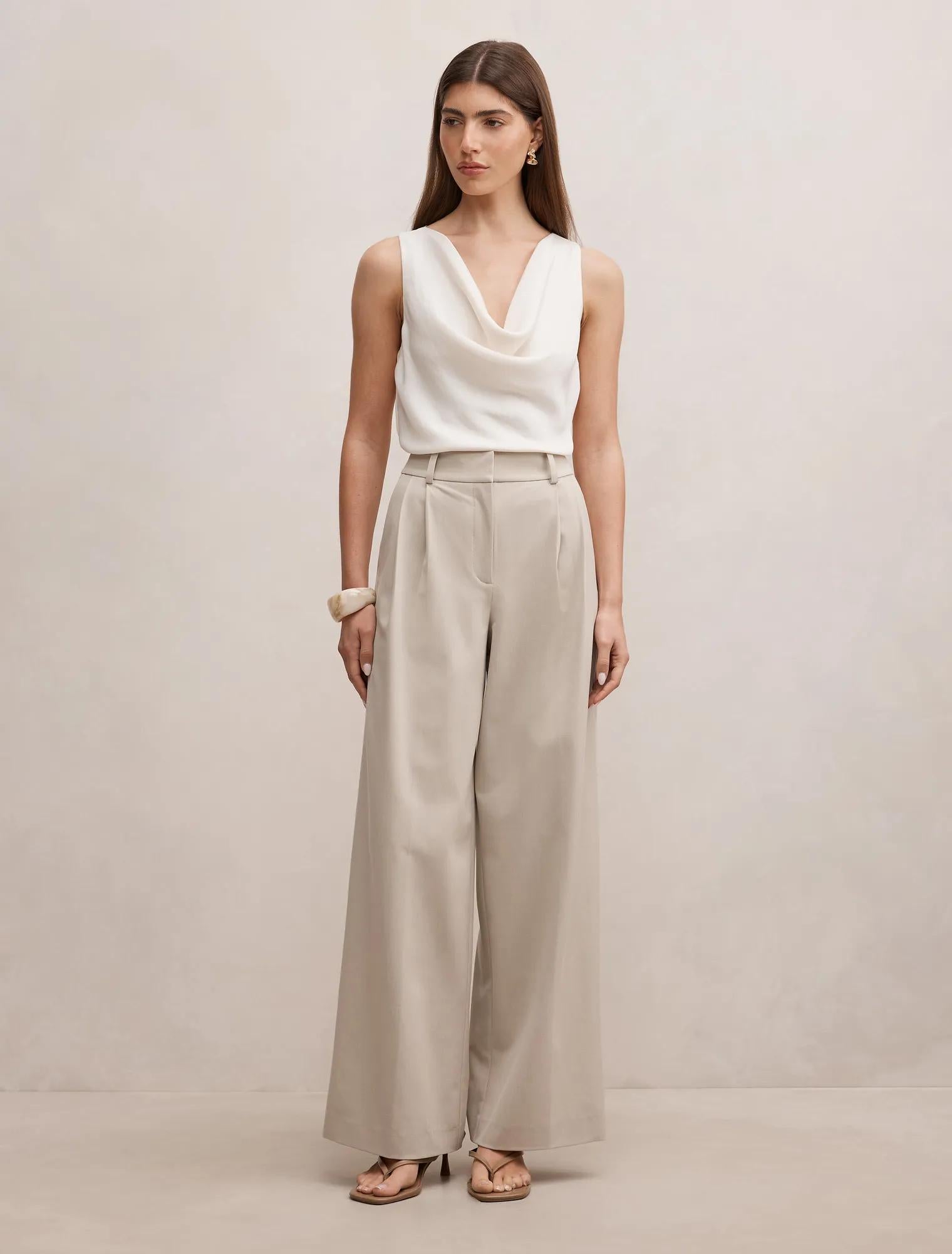 Etta Pleated Wide Leg Pants Beige Marle