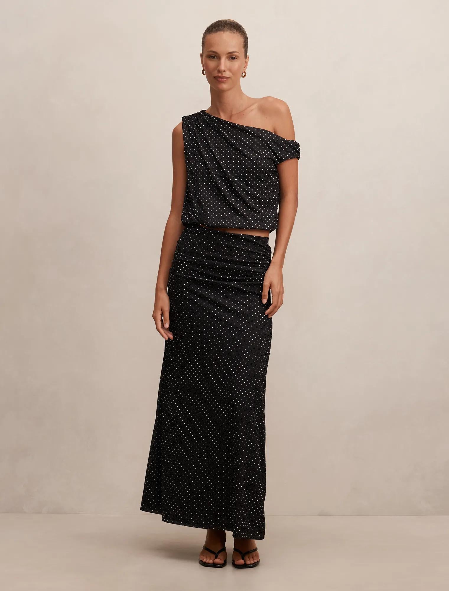 Mimi Flute Maxi Skirt Black Elstone Spot co-ord
