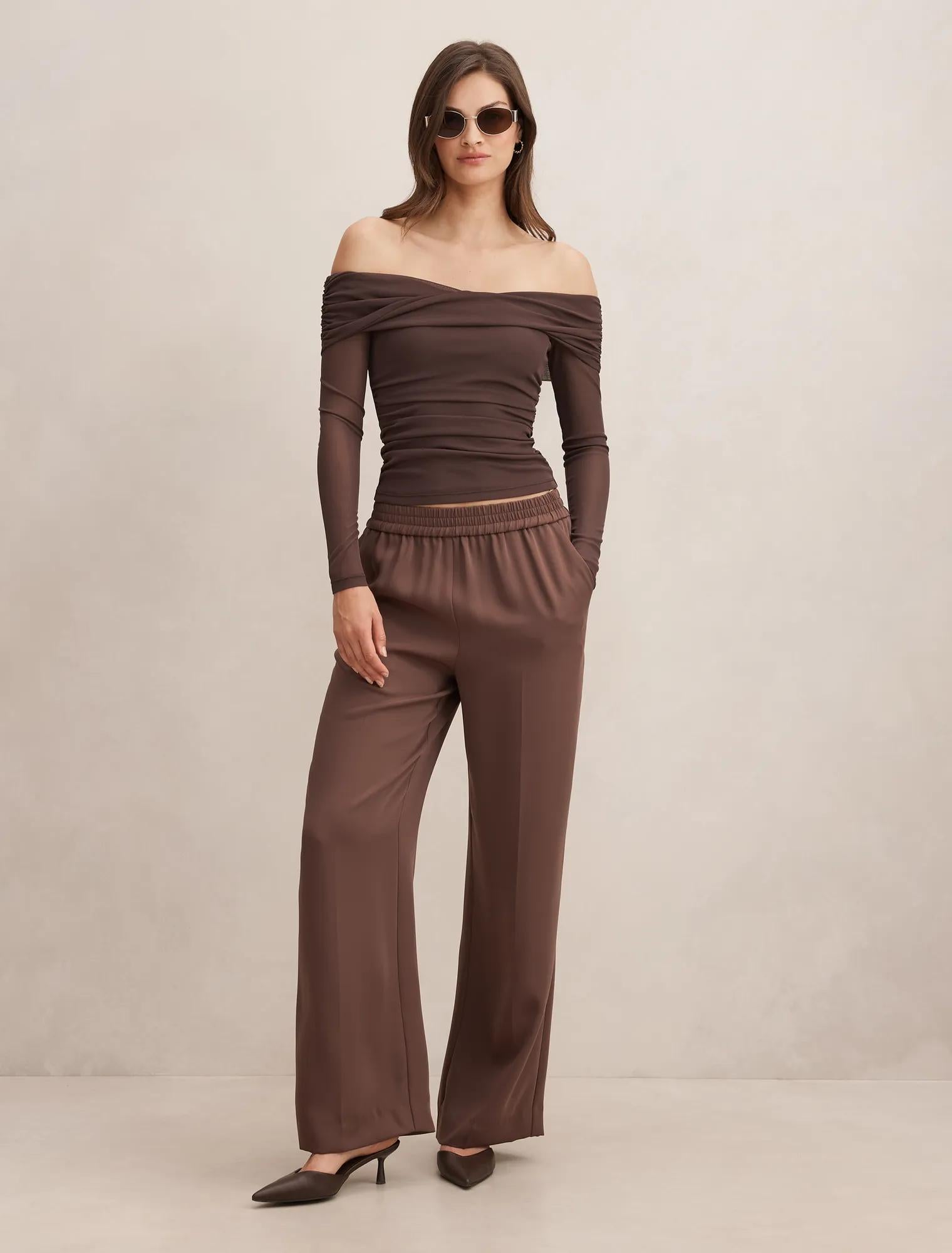Gigi Mesh Twist Bardot Top Cocoa Bean