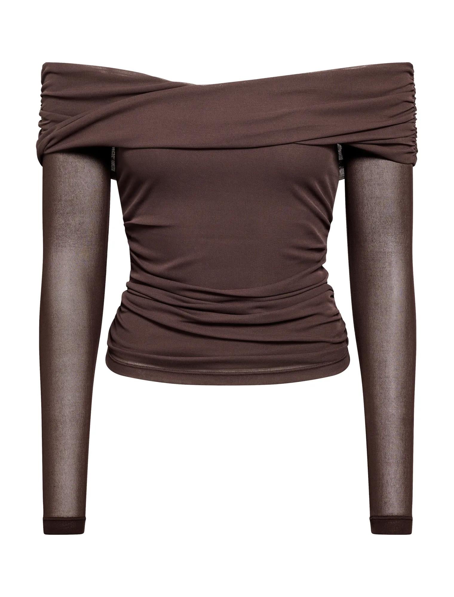 Gigi Mesh Twist Bardot Top Cocoa Bean_mannequin