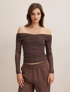 Gigi Mesh Twist Bardot Top Cocoa Bean