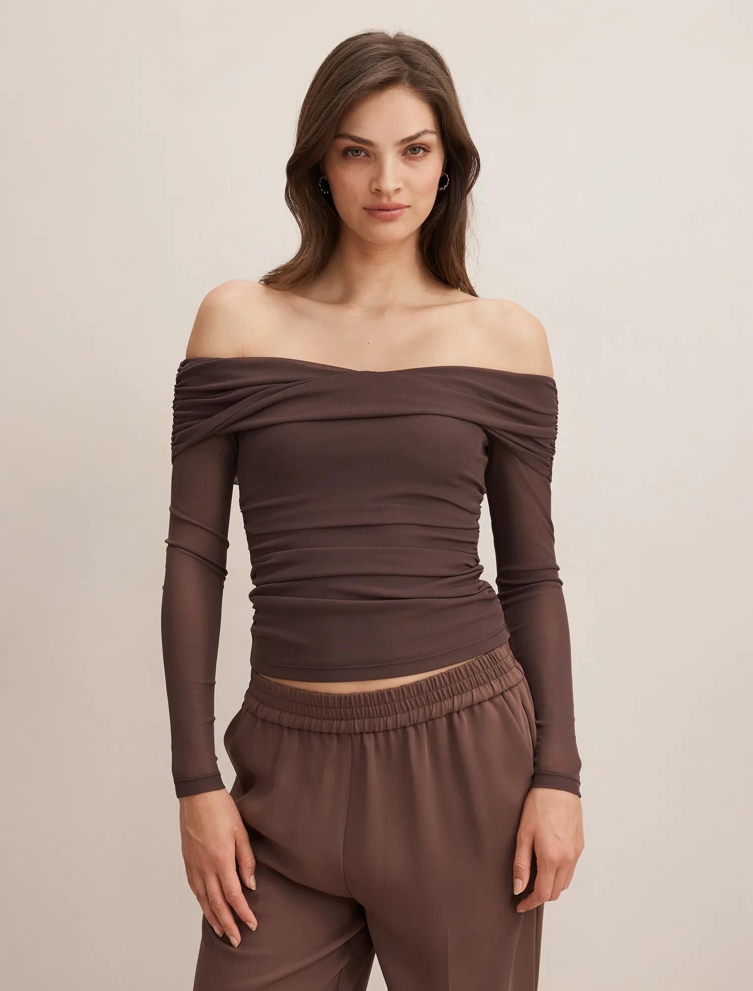 Gigi Mesh Twist Bardot Top Cocoa Bean