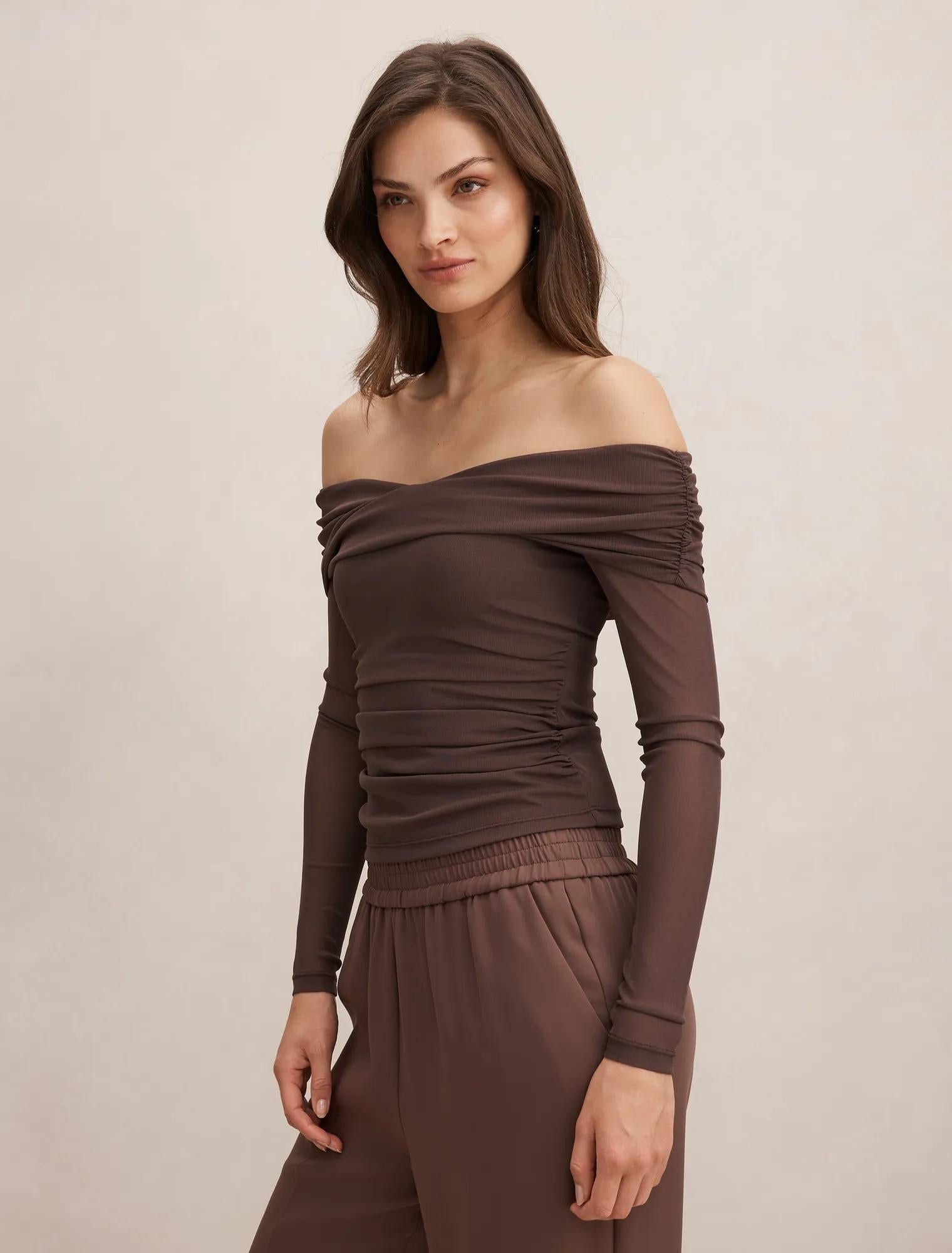 Gigi Mesh Twist Bardot Top Cocoa Bean