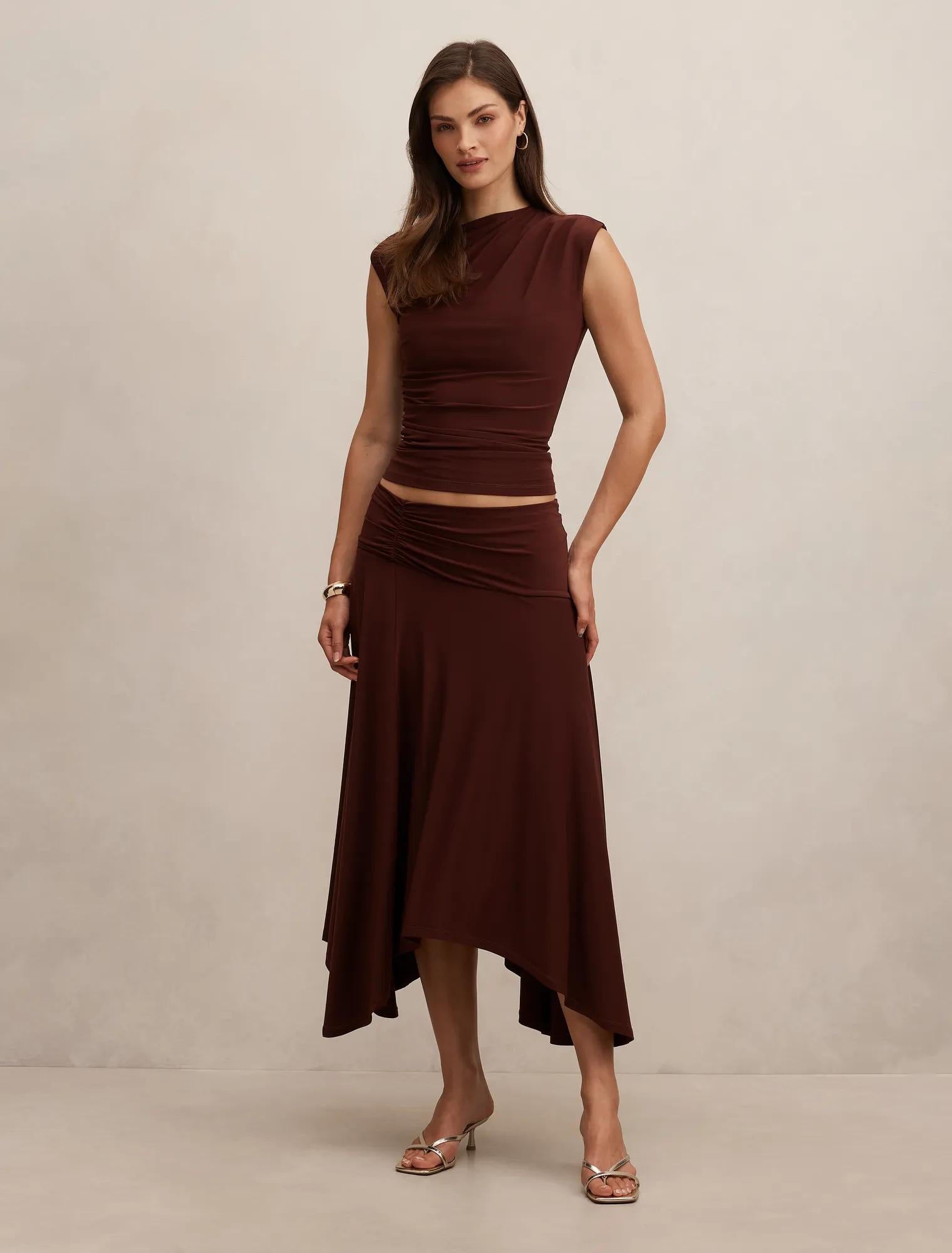 Ariel Godet Hanky Hem Skirt Deep Rust co-ord
