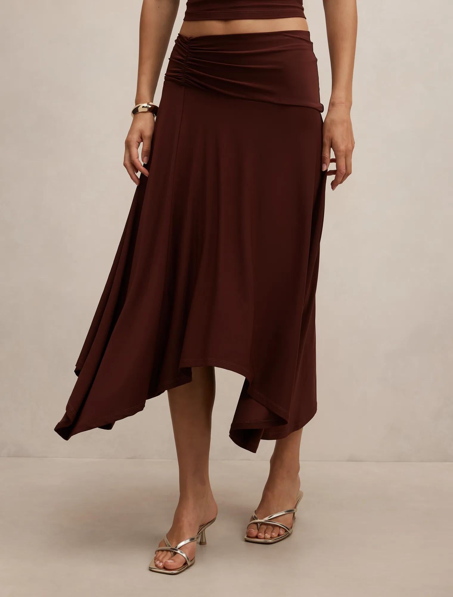 Ariel Godet Hanky Hem Skirt Deep Rust co-ord