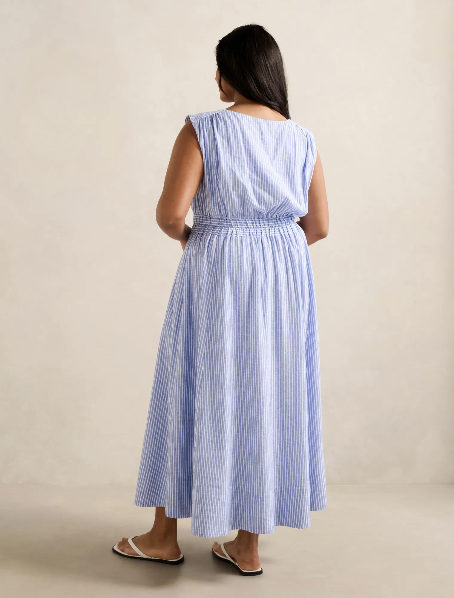 Afina Curve Extended Shoulder Midi Dress Blue Stripe