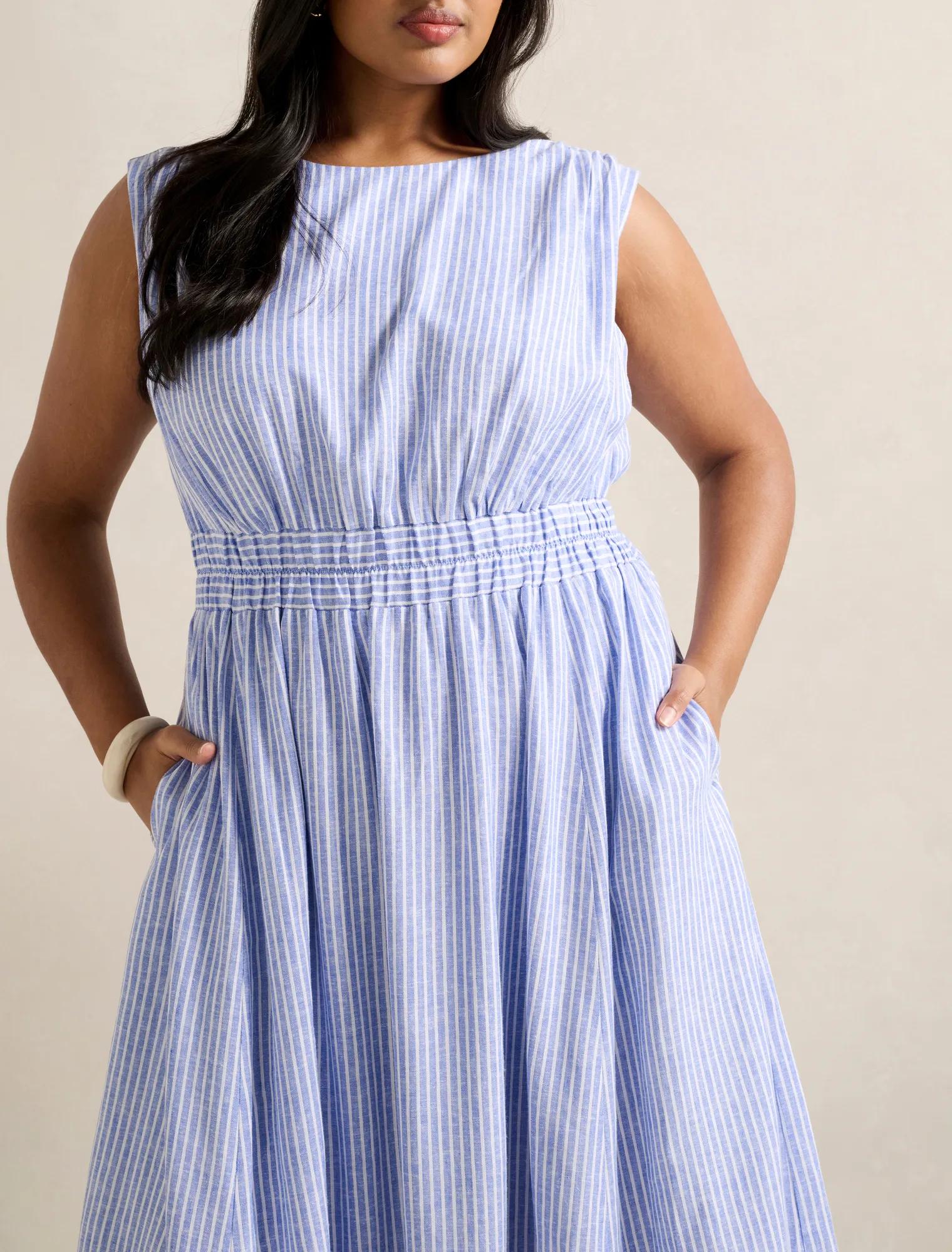 Afina Curve Extended Shoulder Midi Dress Blue Stripe