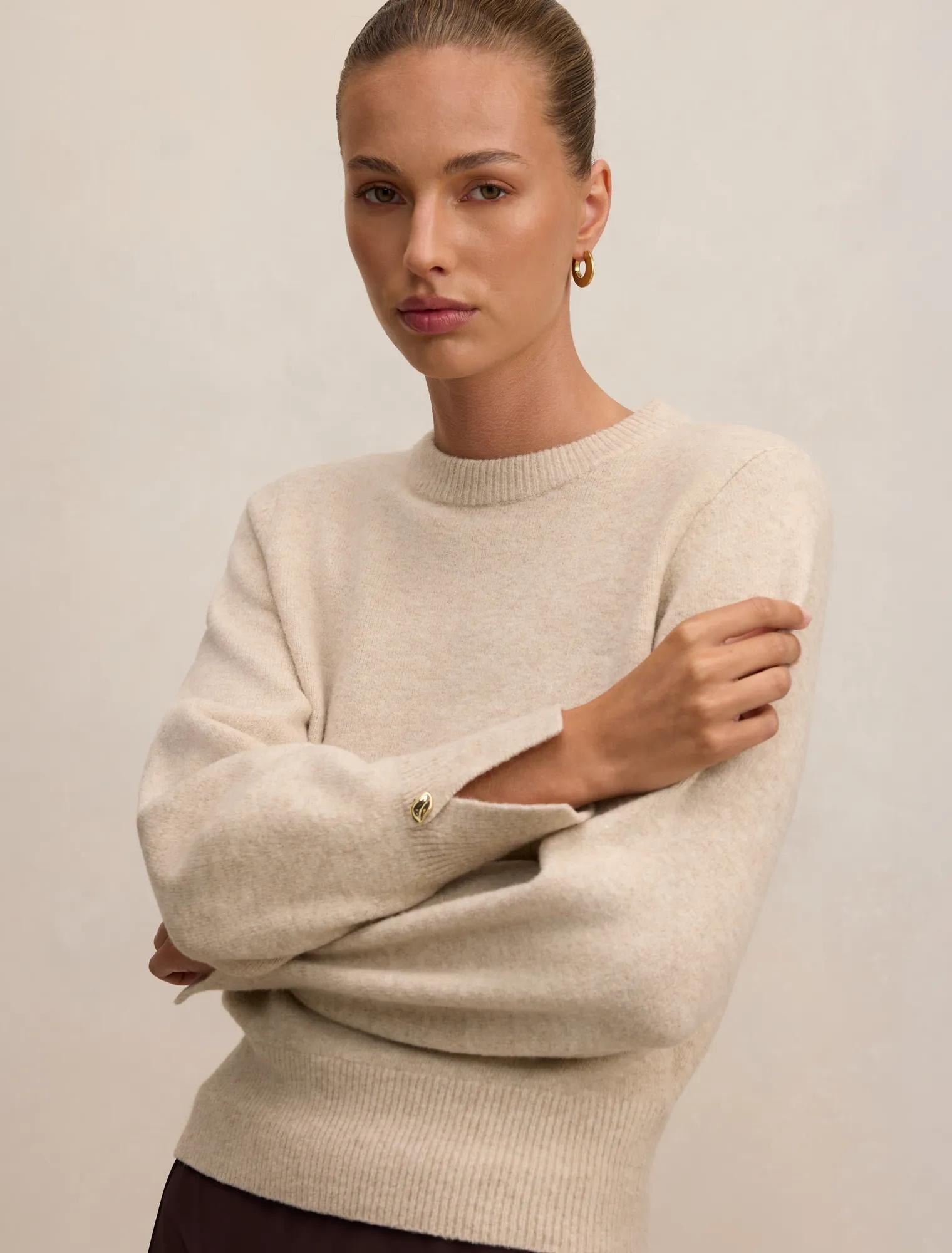 Ellie Cuff Detail Sweater Soft Oatmeal
