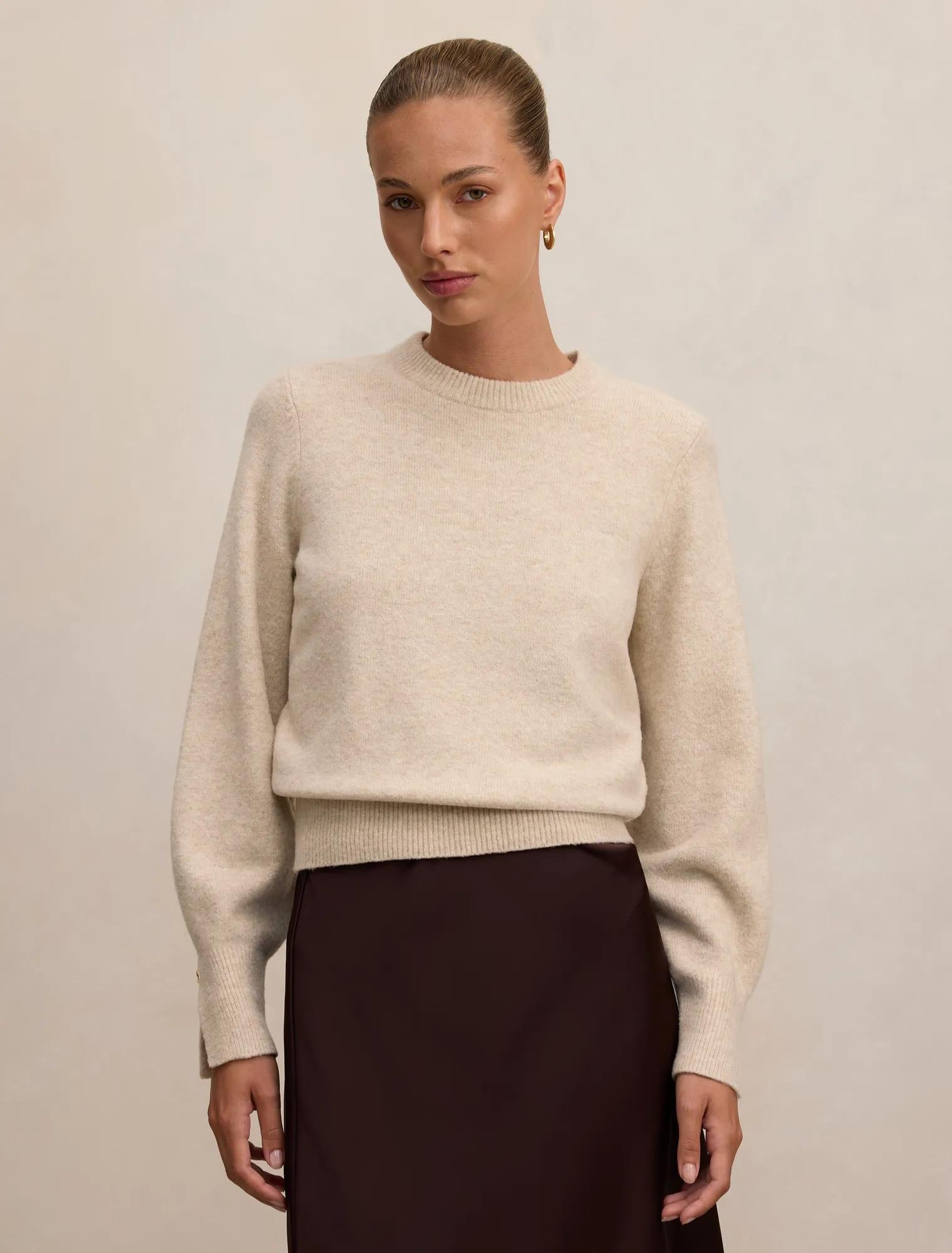Ellie Cuff Detail Sweater Soft Oatmeal