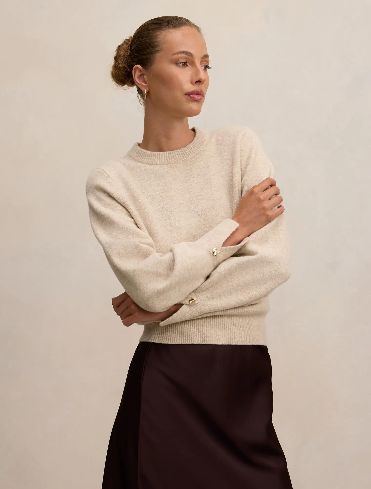 Ellie Cuff Detail Sweater Soft Oatmeal