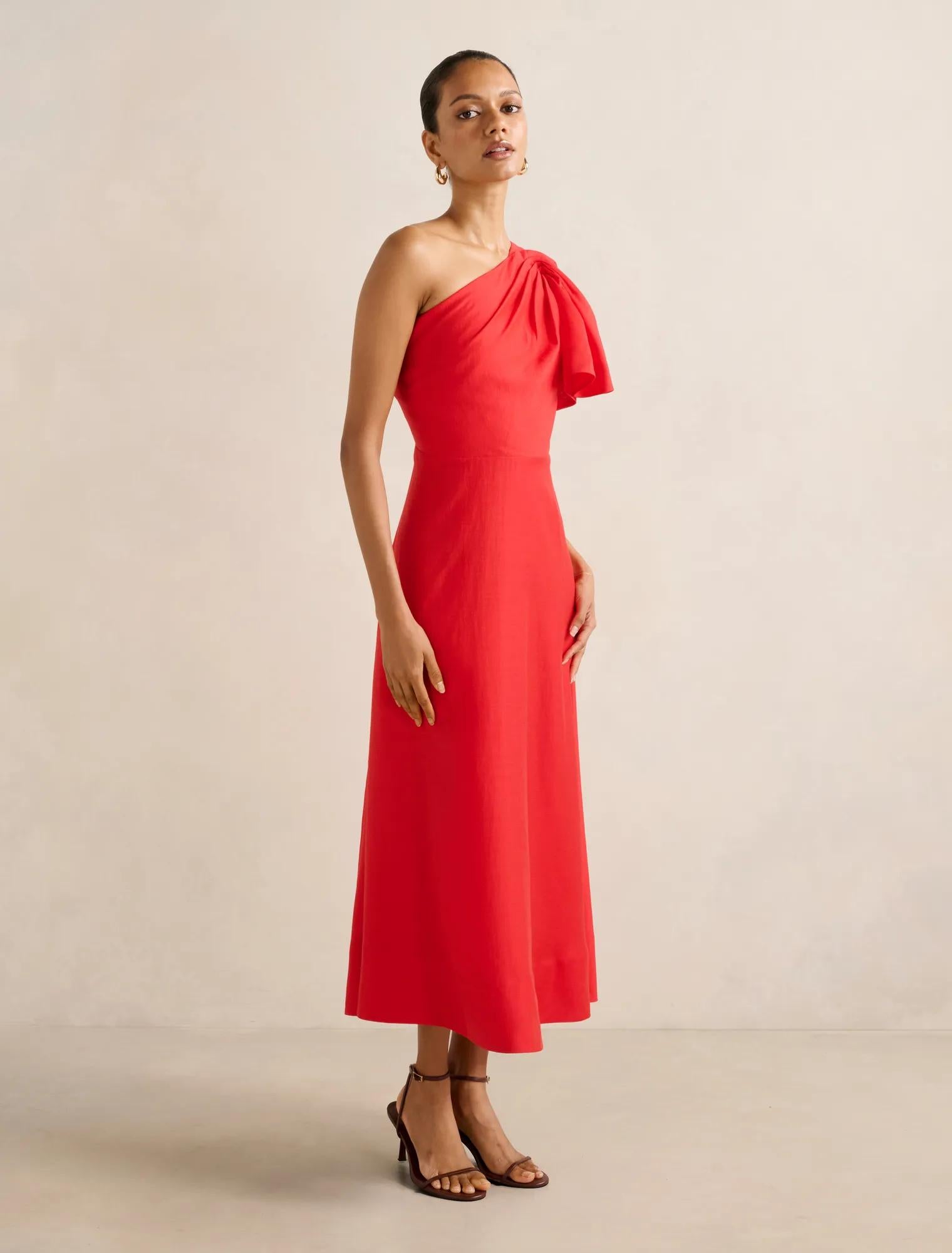 Mattea Petite One Shoulder Midi Dress BRIGHT RED