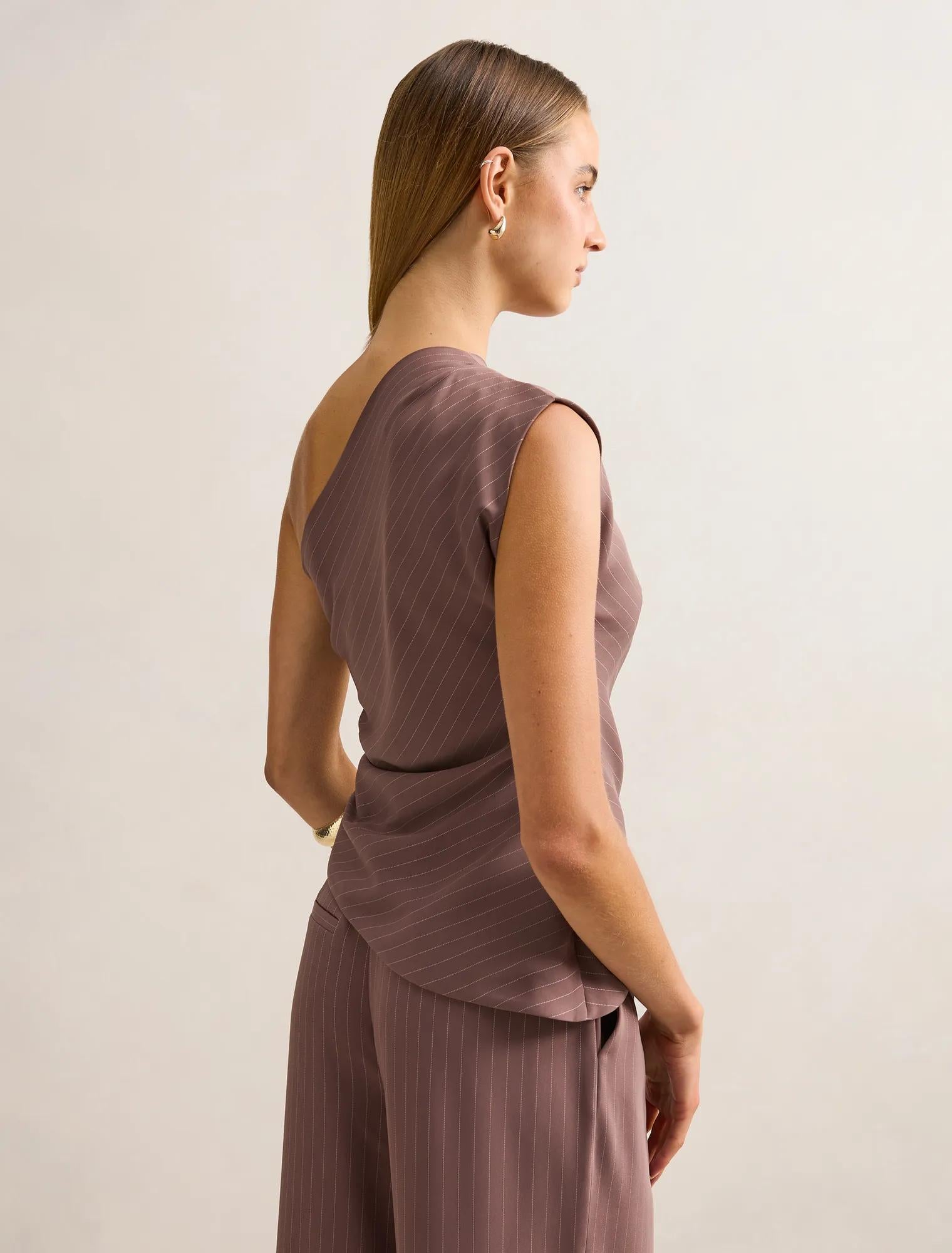 Willow Asymmetrical Tuck Top Mocha Pinstripe Set