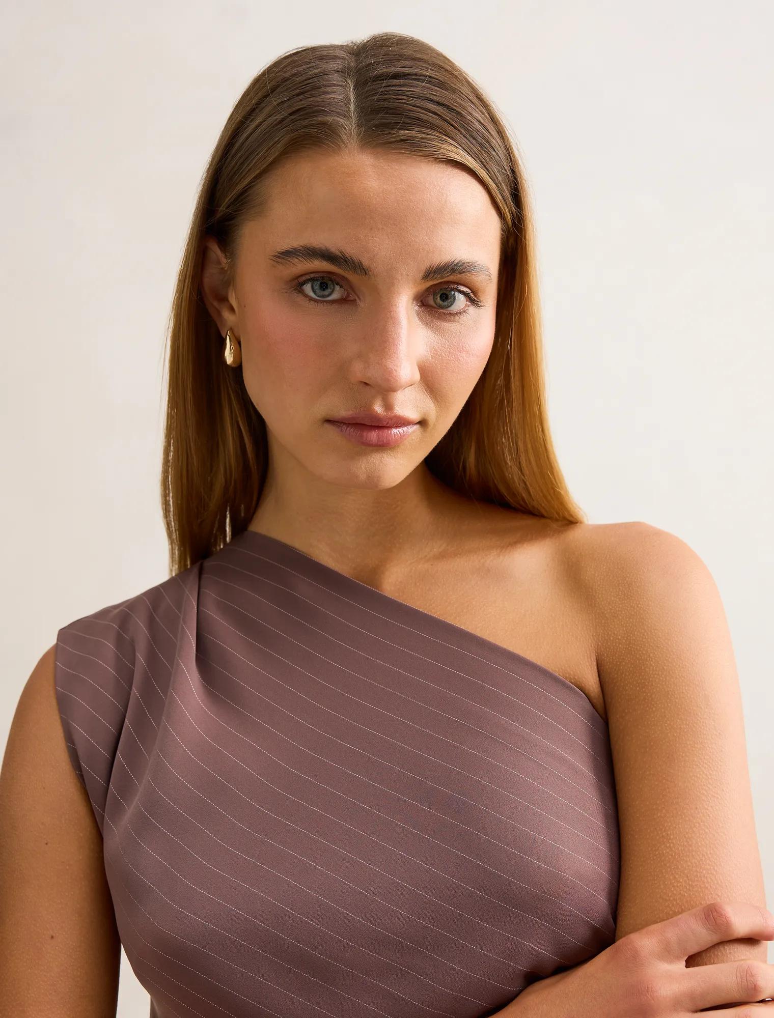 Willow Asymmetrical Tuck Top Mocha Pinstripe Set