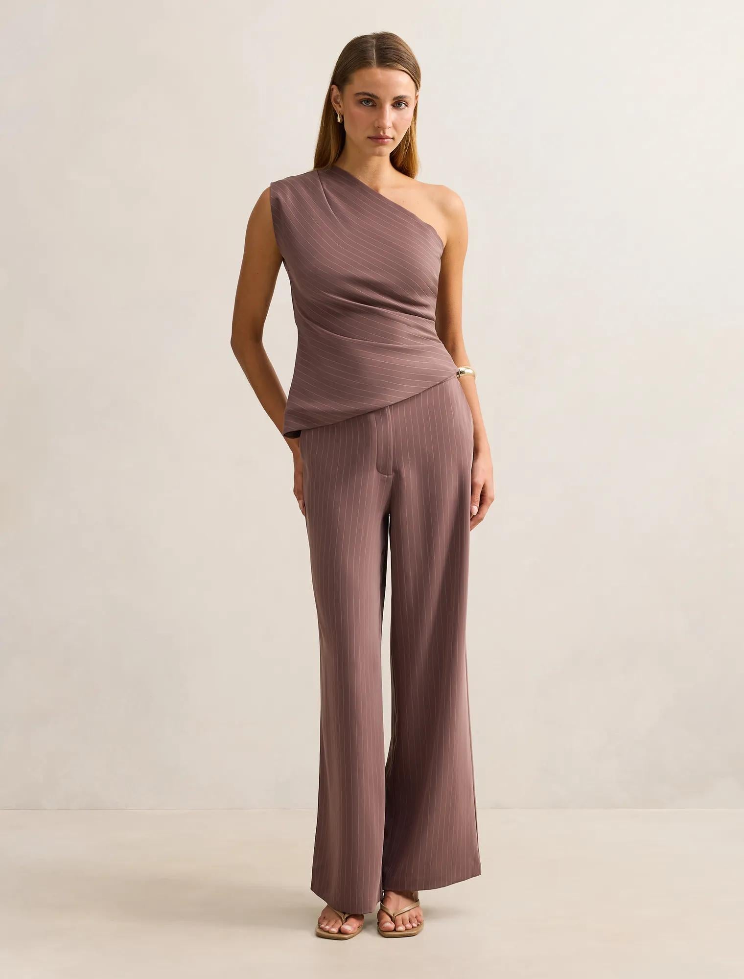 Willow Asymmetrical Tuck Top Mocha Pinstripe Set