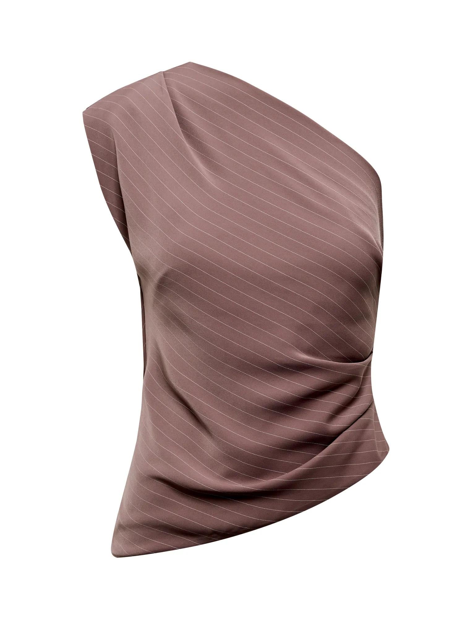 Willow Asymmetrical Tuck Top Mocha Pinstripe Set_mannequin