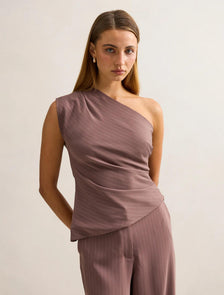 Willow Asymmetrical Tuck Top Mocha Pinstripe Set