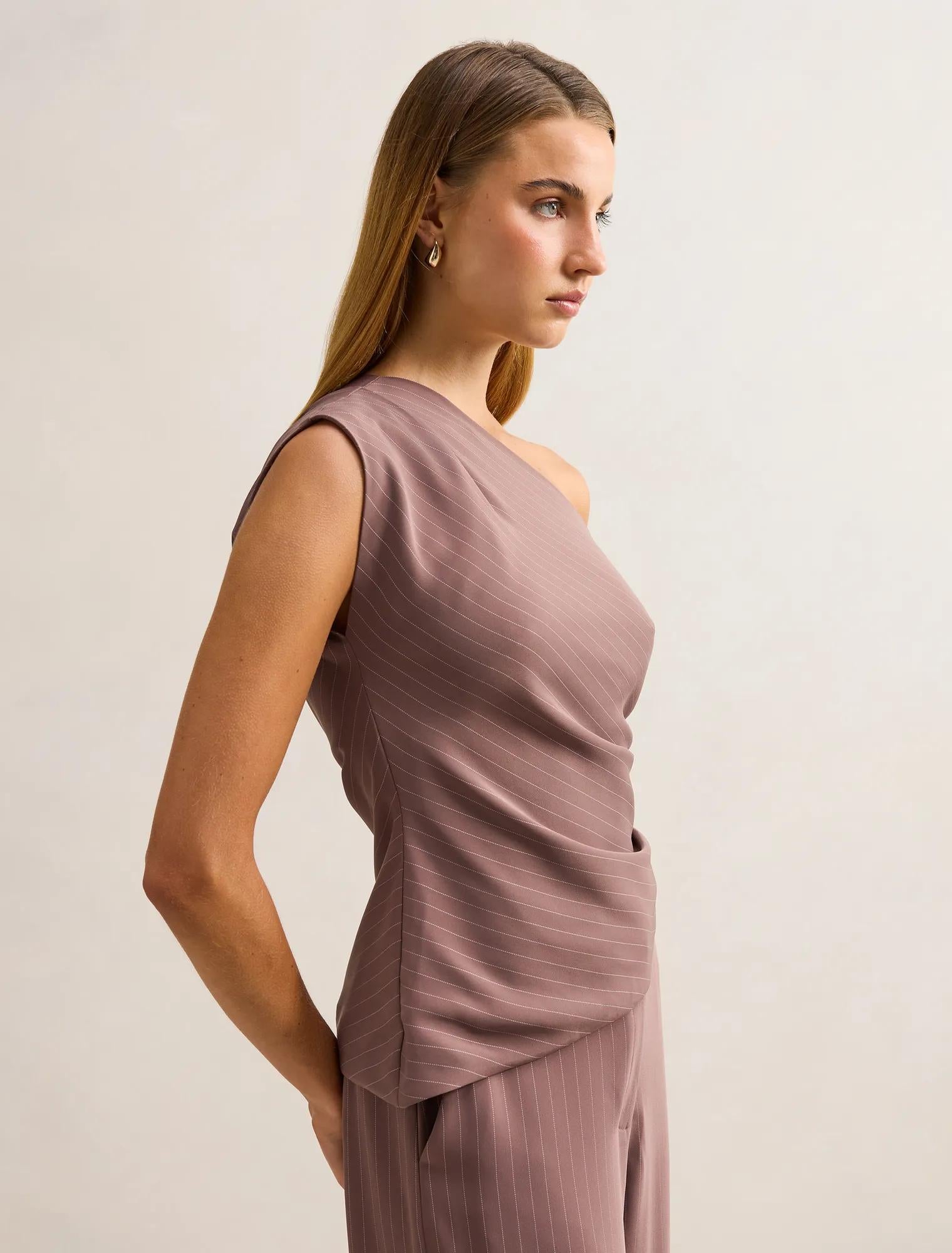 Willow Asymmetrical Tuck Top Mocha Pinstripe Set
