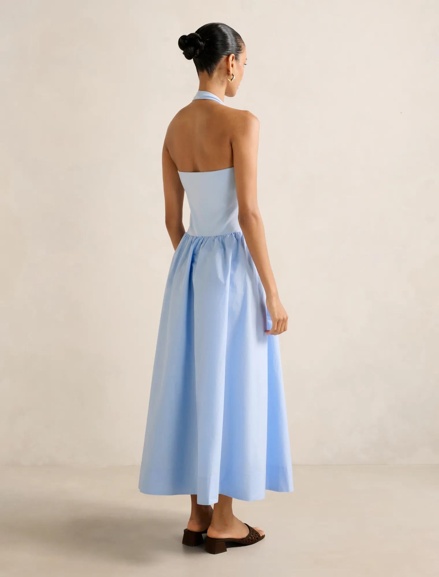 Margot Petite 2-in-1 Halter Midi Dress Soft Blue