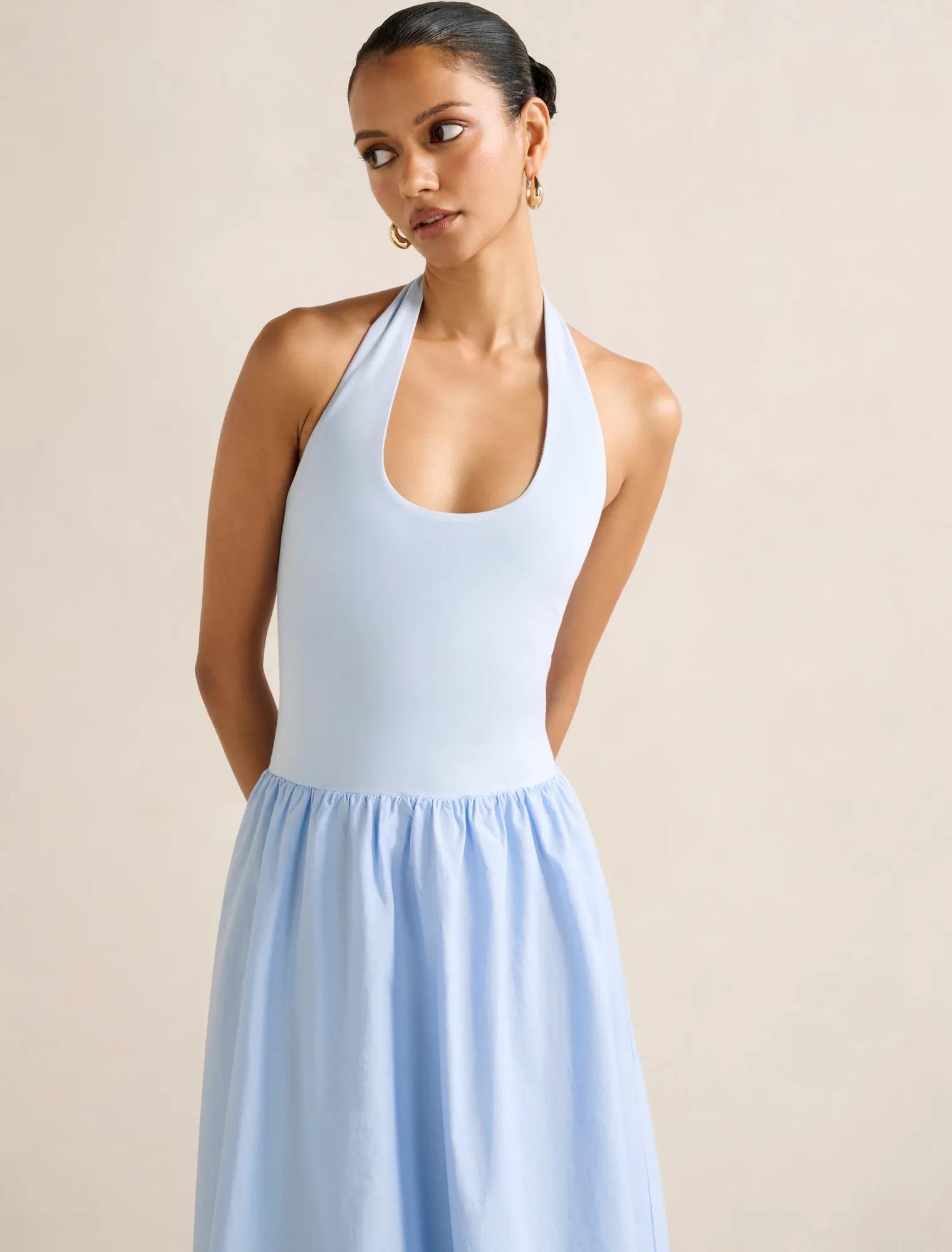 Margot Petite 2-in-1 Halter Midi Dress Soft Blue