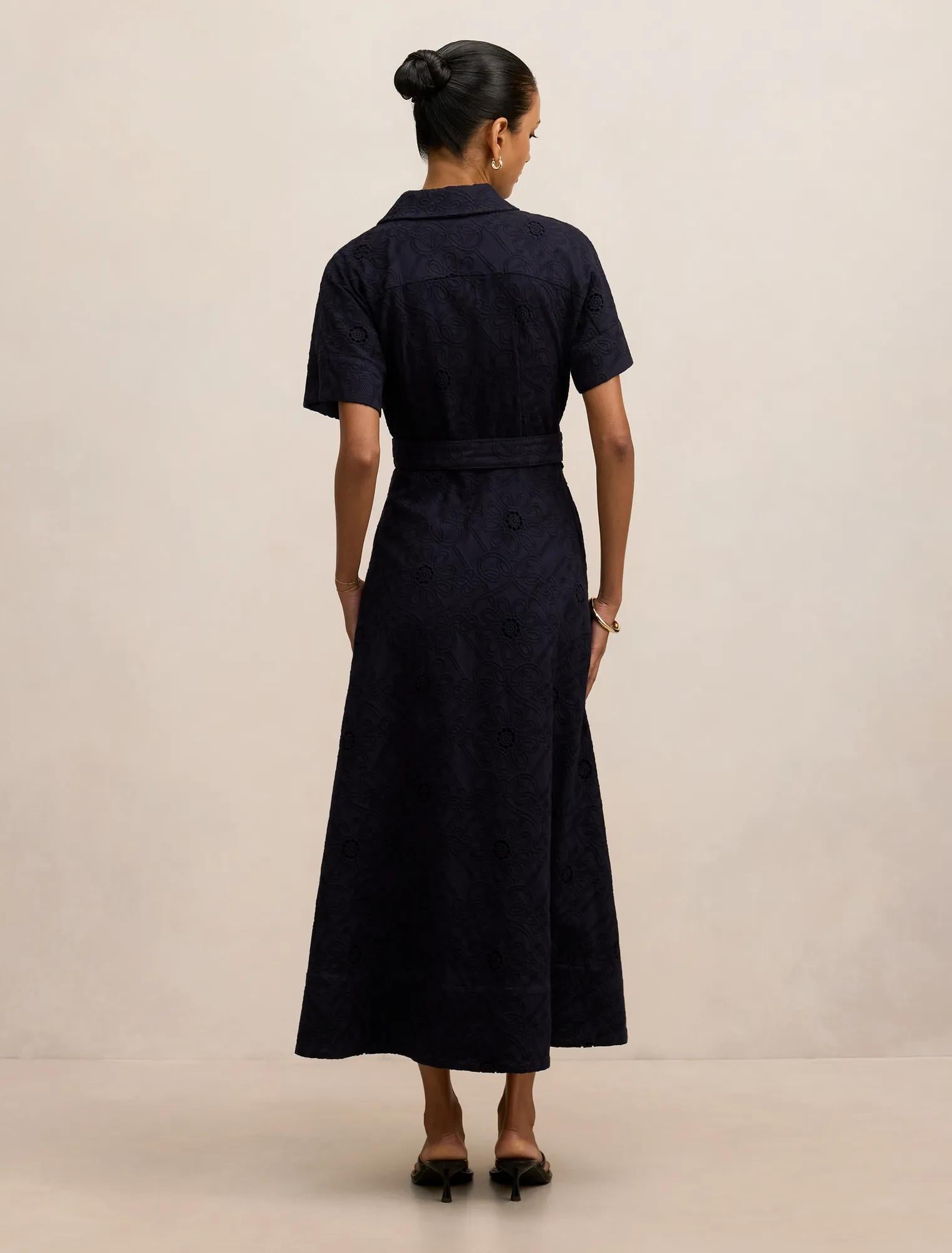 Valeria Petite Short Sleeve Broderie Midi Dress Navy