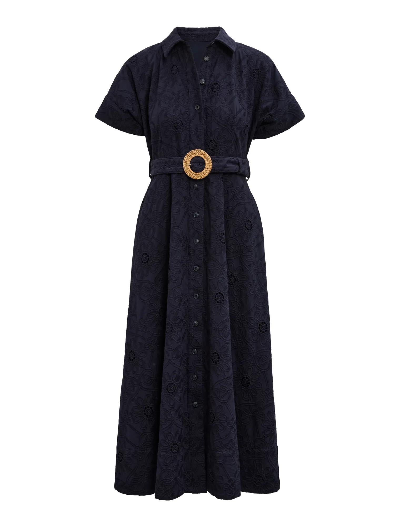 Valeria Petite Short Sleeve Broderie Midi Dress Navy_mannequin