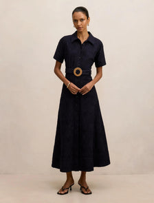 Valeria Petite Short Sleeve Broderie Midi Dress Navy