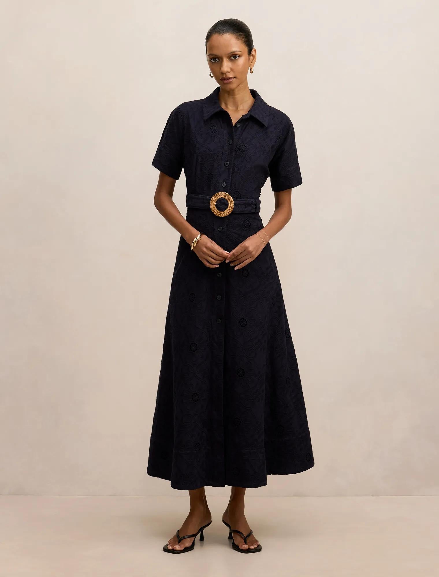 Valeria Petite Short Sleeve Broderie Midi Dress Navy