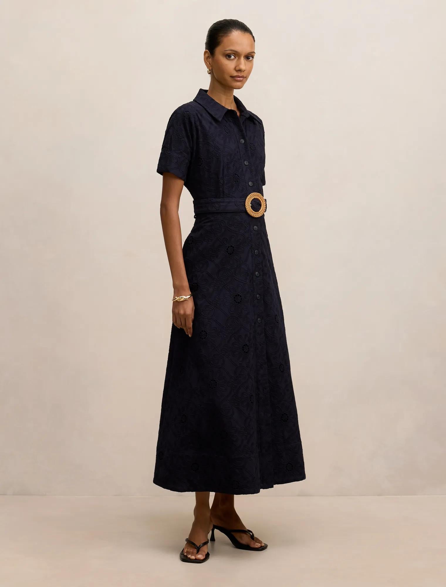 Valeria Petite Short Sleeve Broderie Midi Dress Navy