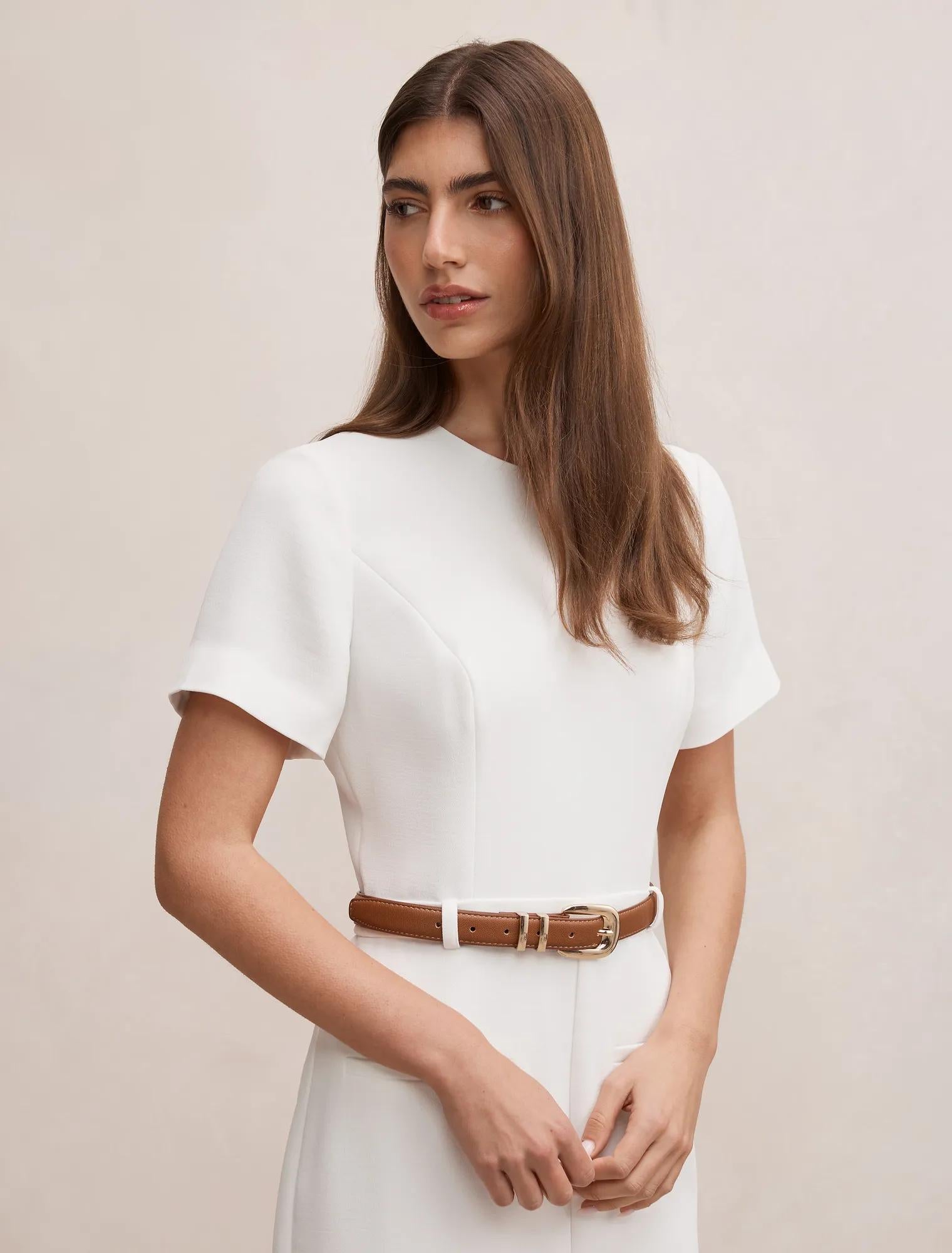 Bailee Belted Tailored Midi Dress Porcelain