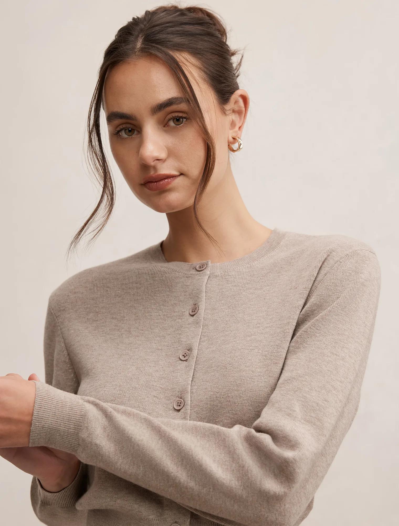 Poppy Crew Neck Cardigan Neutral Mocha
