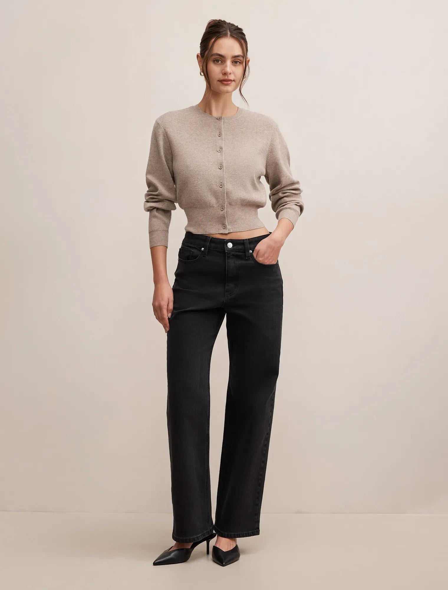 Poppy Crew Neck Cardigan Neutral Mocha