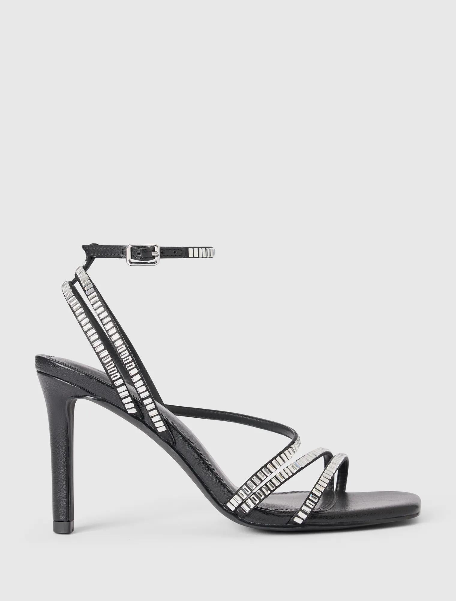 Crystal Jewelled Asymmetrical Strap PM Sandals Black_mannequin
