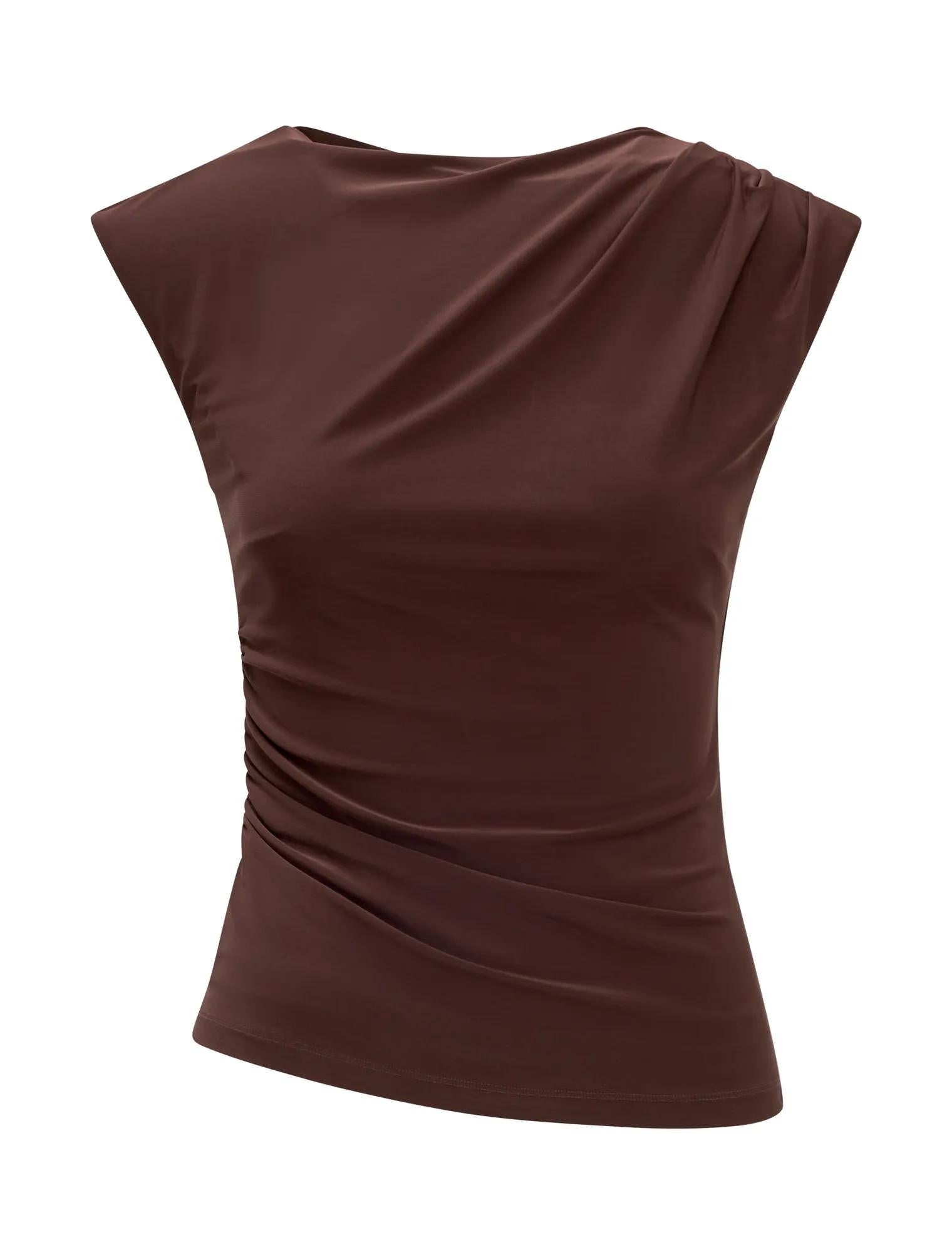 Logan Asymmetric Shoulder Top Bitter Chocolate_mannequin