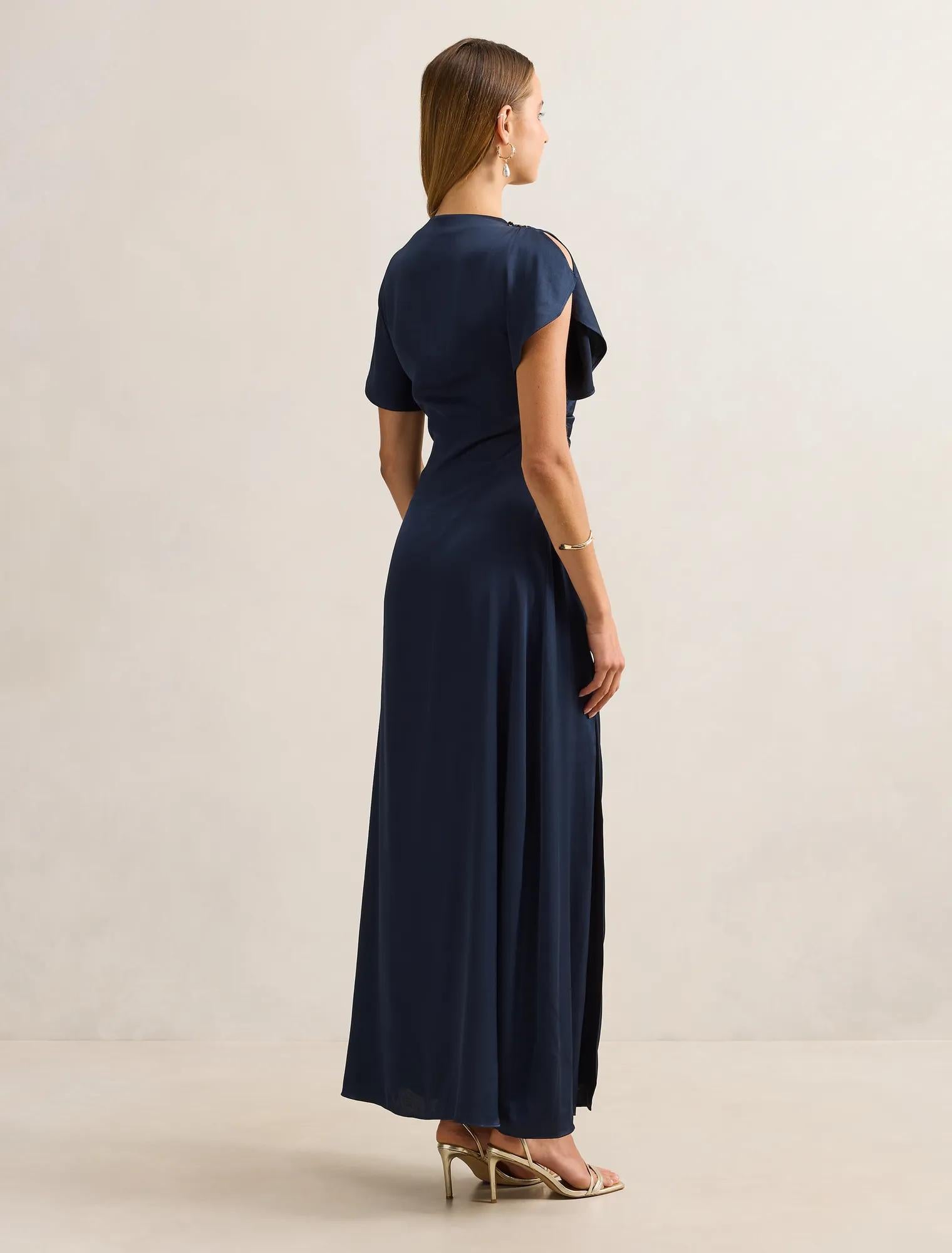 Genevieve Satin Drape Maxi Dress Navy