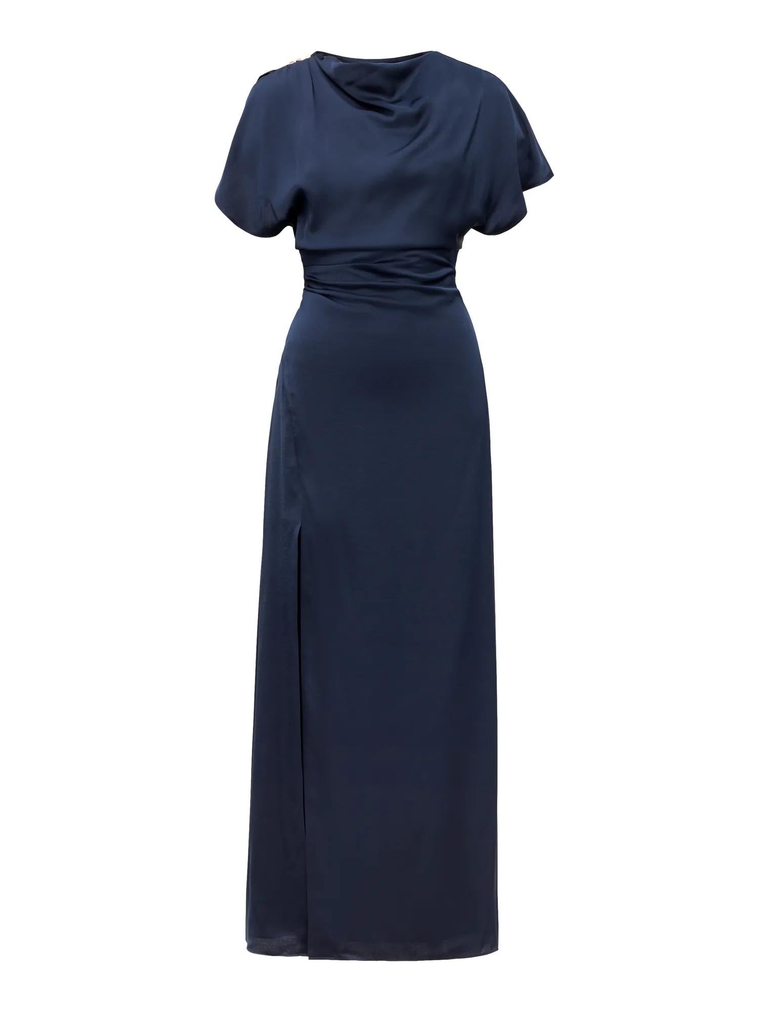 Genevieve Satin Drape Maxi Dress Navy