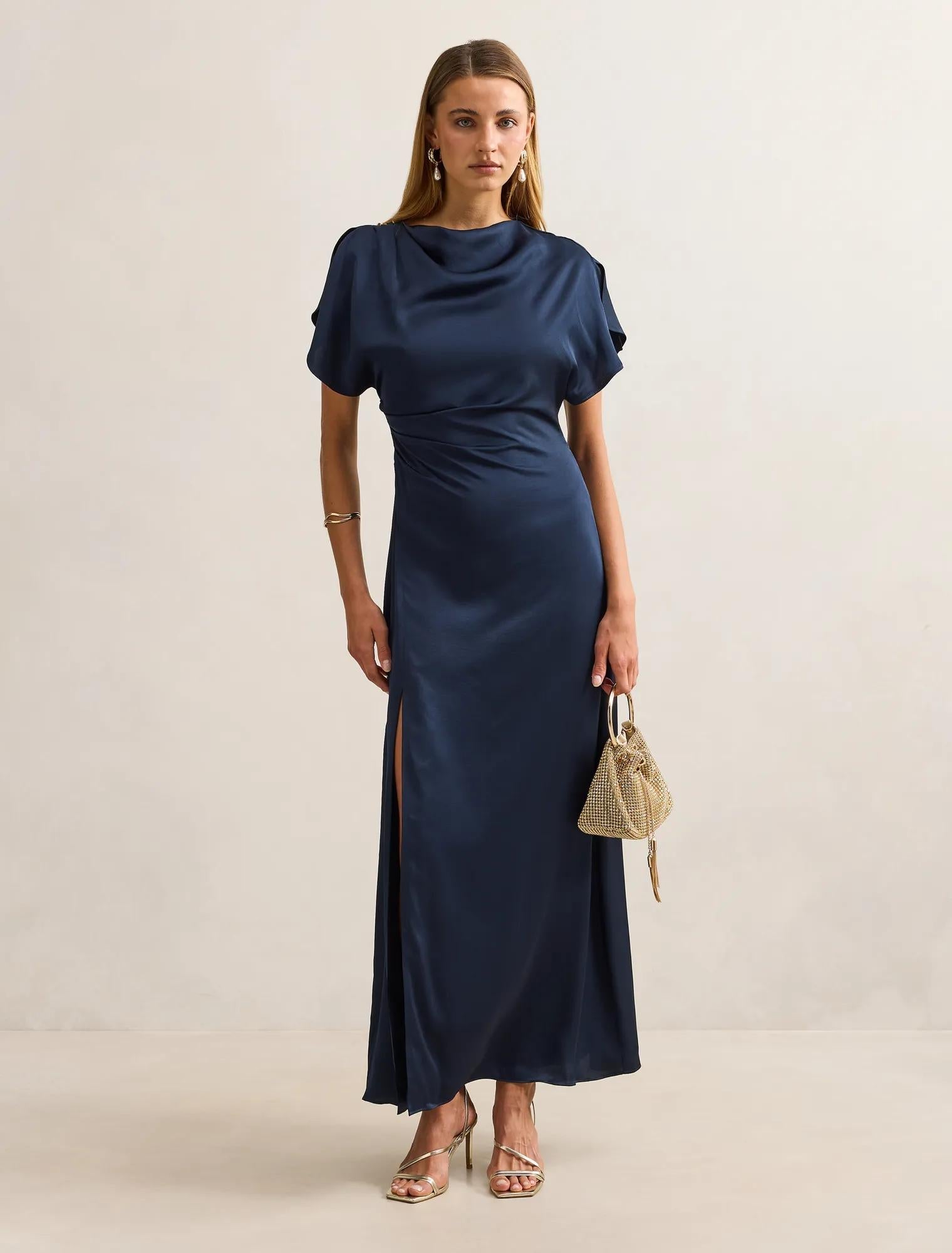 Genevieve Satin Drape Maxi Dress Navy