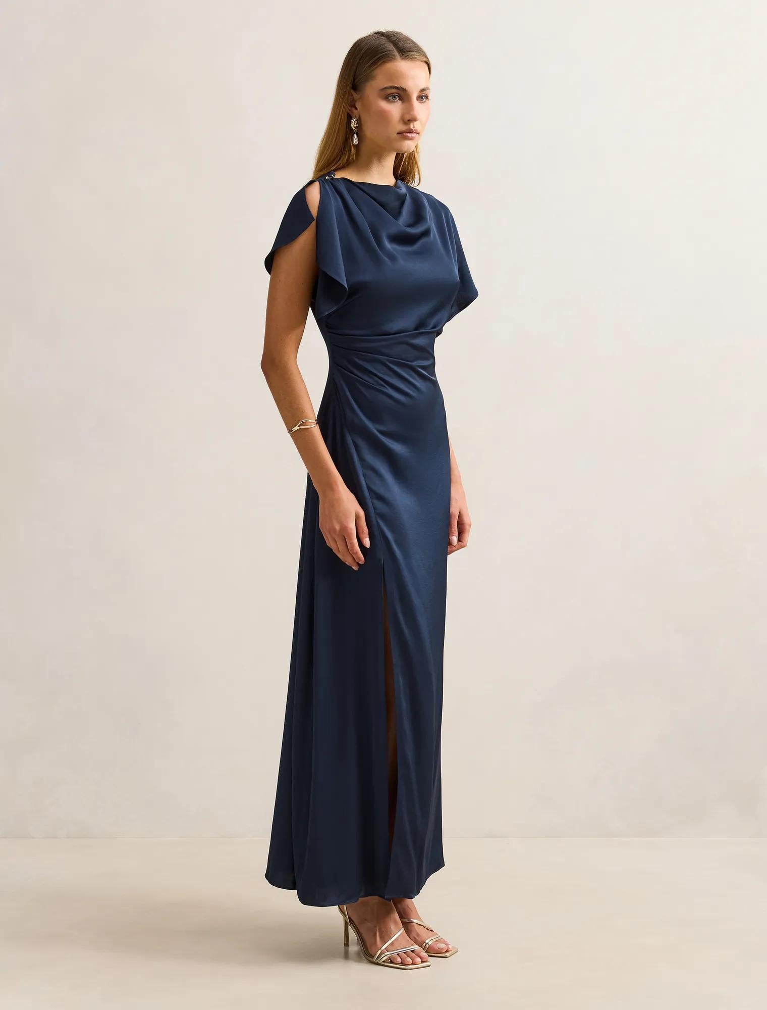 Genevieve Satin Drape Maxi Dress Navy