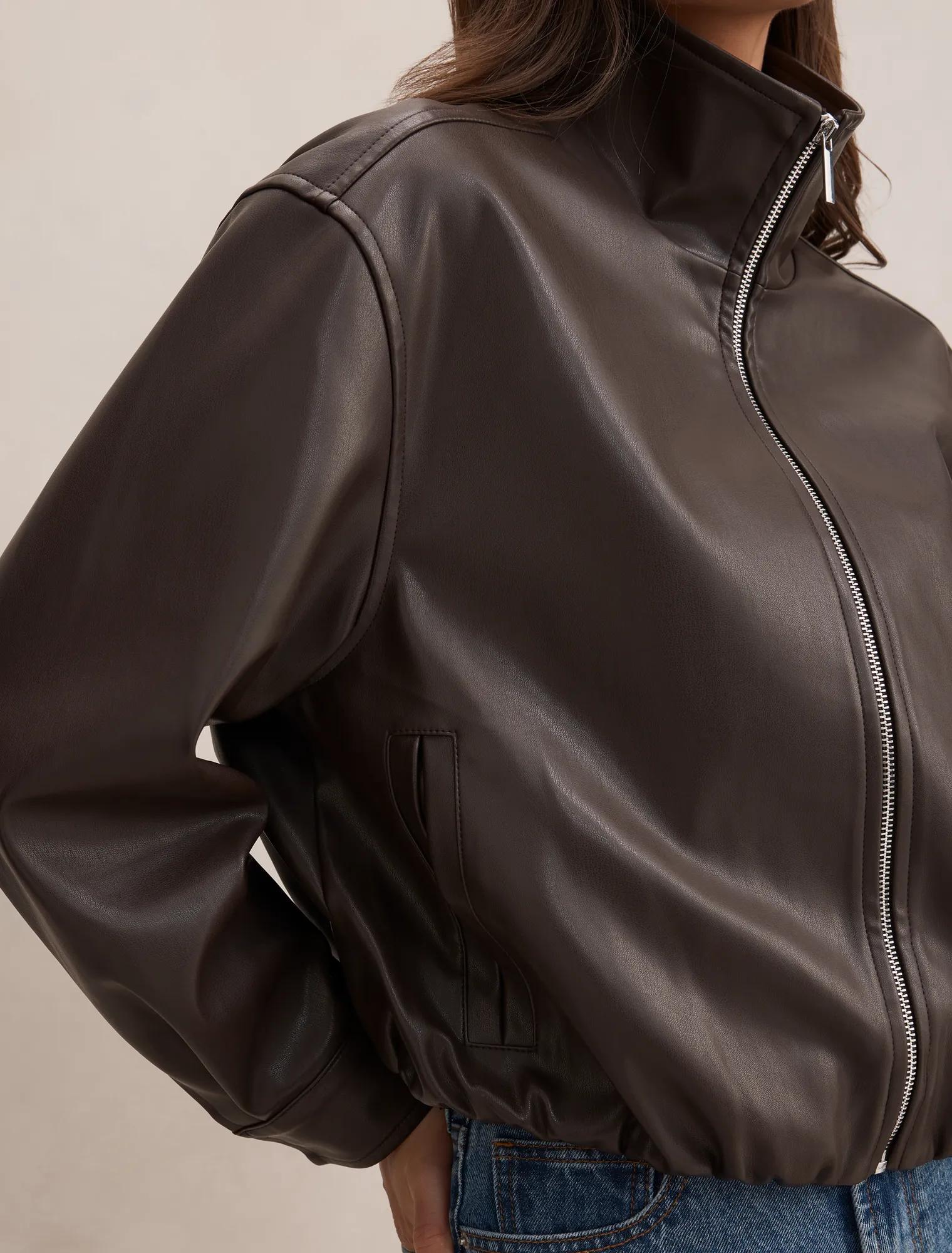 Julia Faux Leather Funnel Neck Jacket Chocolate