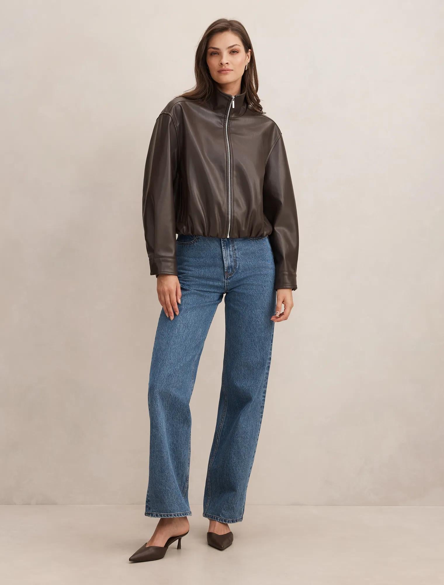 Julia Faux Leather Funnel Neck Jacket Chocolate