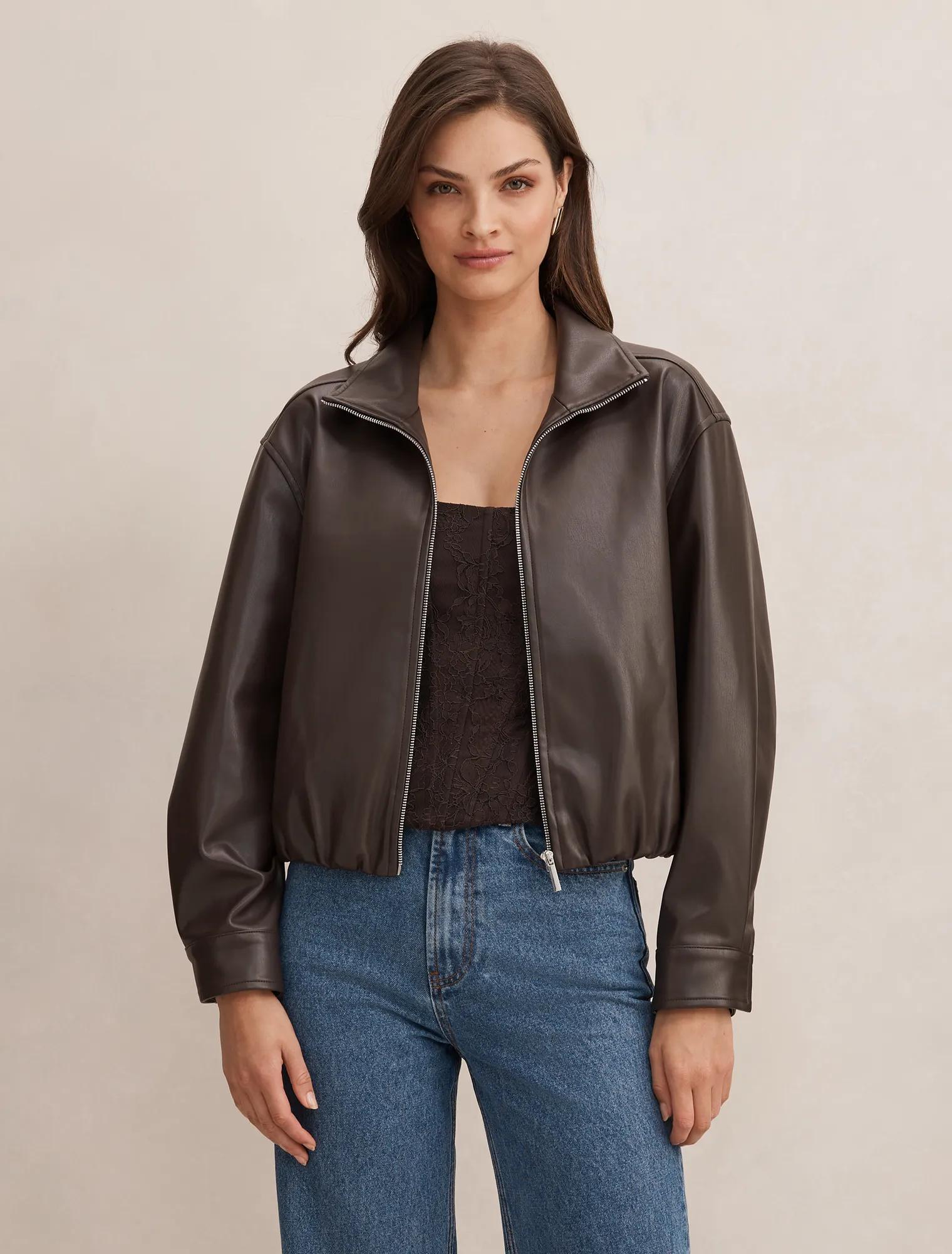 Julia Faux Leather Funnel Neck Jacket Chocolate