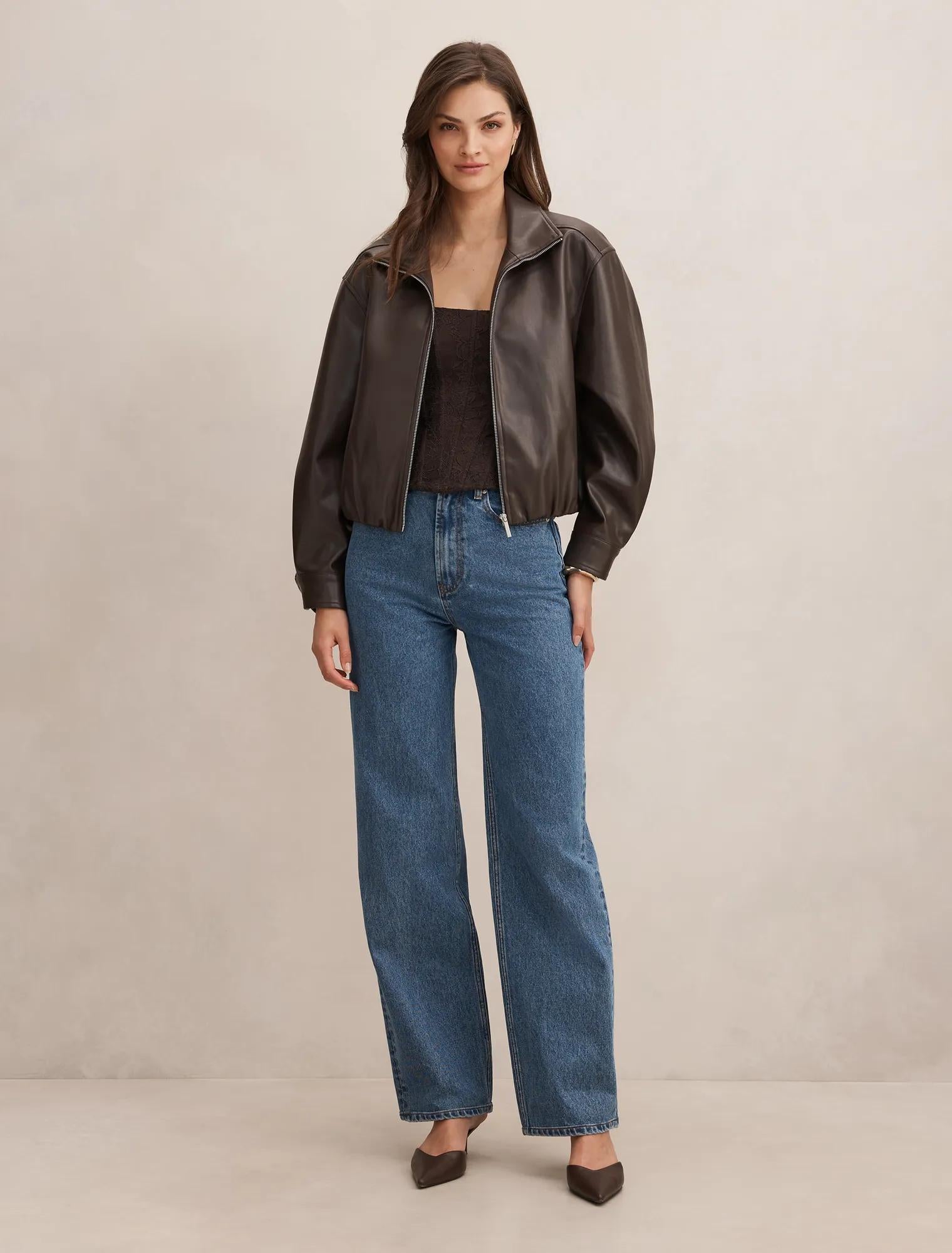 Julia Faux Leather Funnel Neck Jacket Chocolate