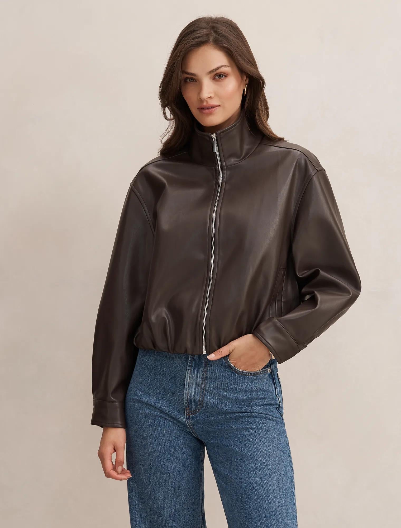Julia Faux Leather Funnel Neck Jacket Chocolate