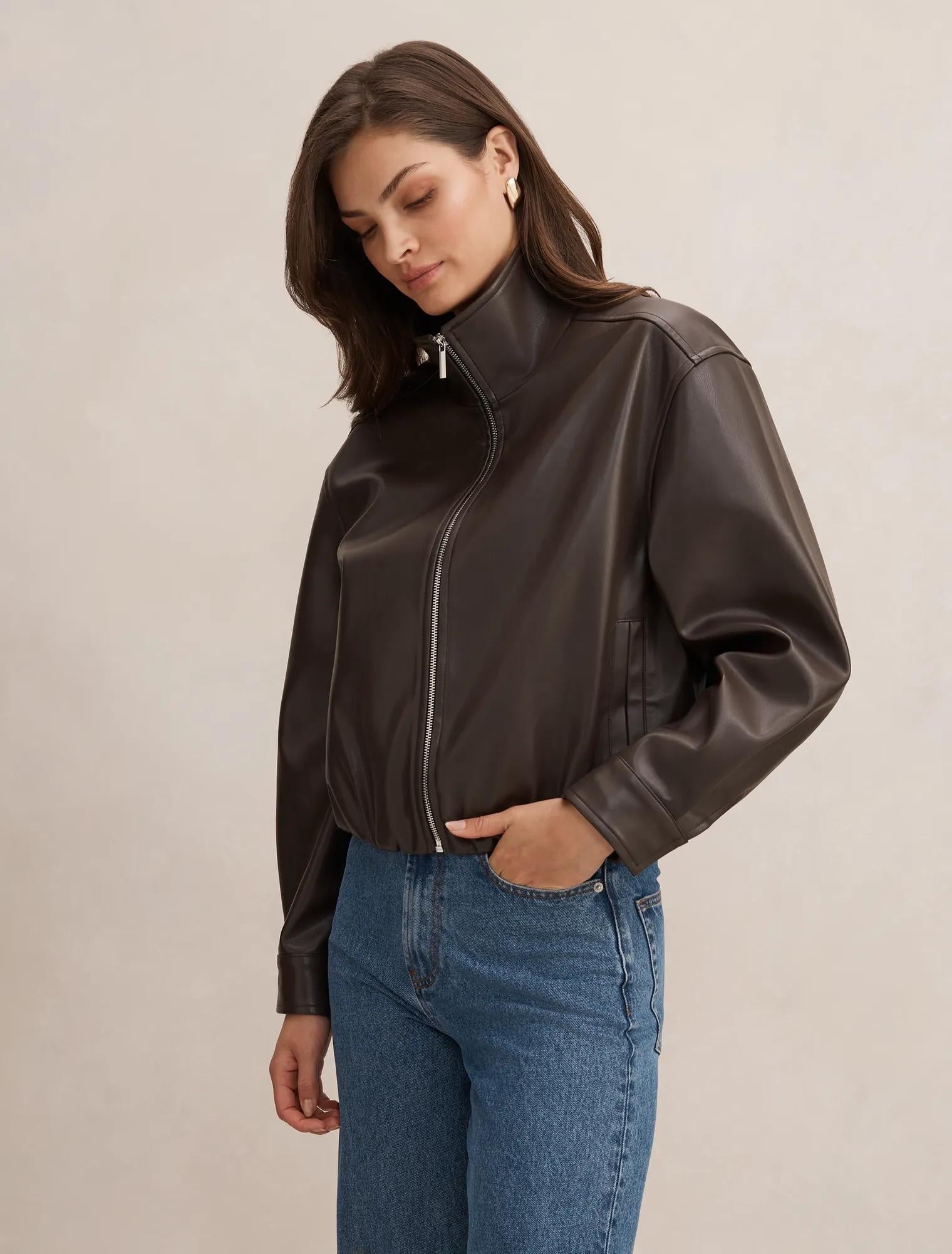 Julia Faux Leather Funnel Neck Jacket Chocolate
