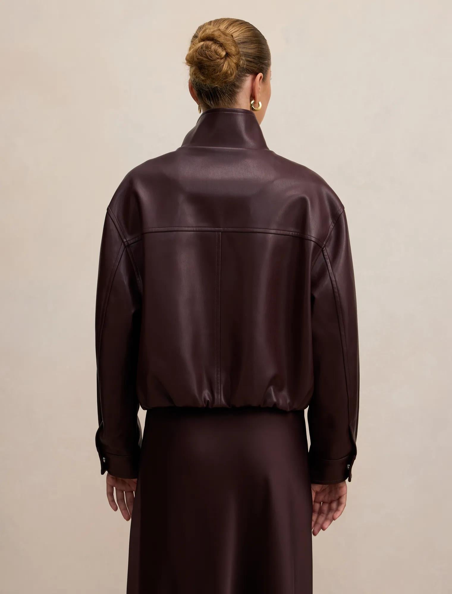 Julia Faux Leather Funnel Neck Jacket Berry