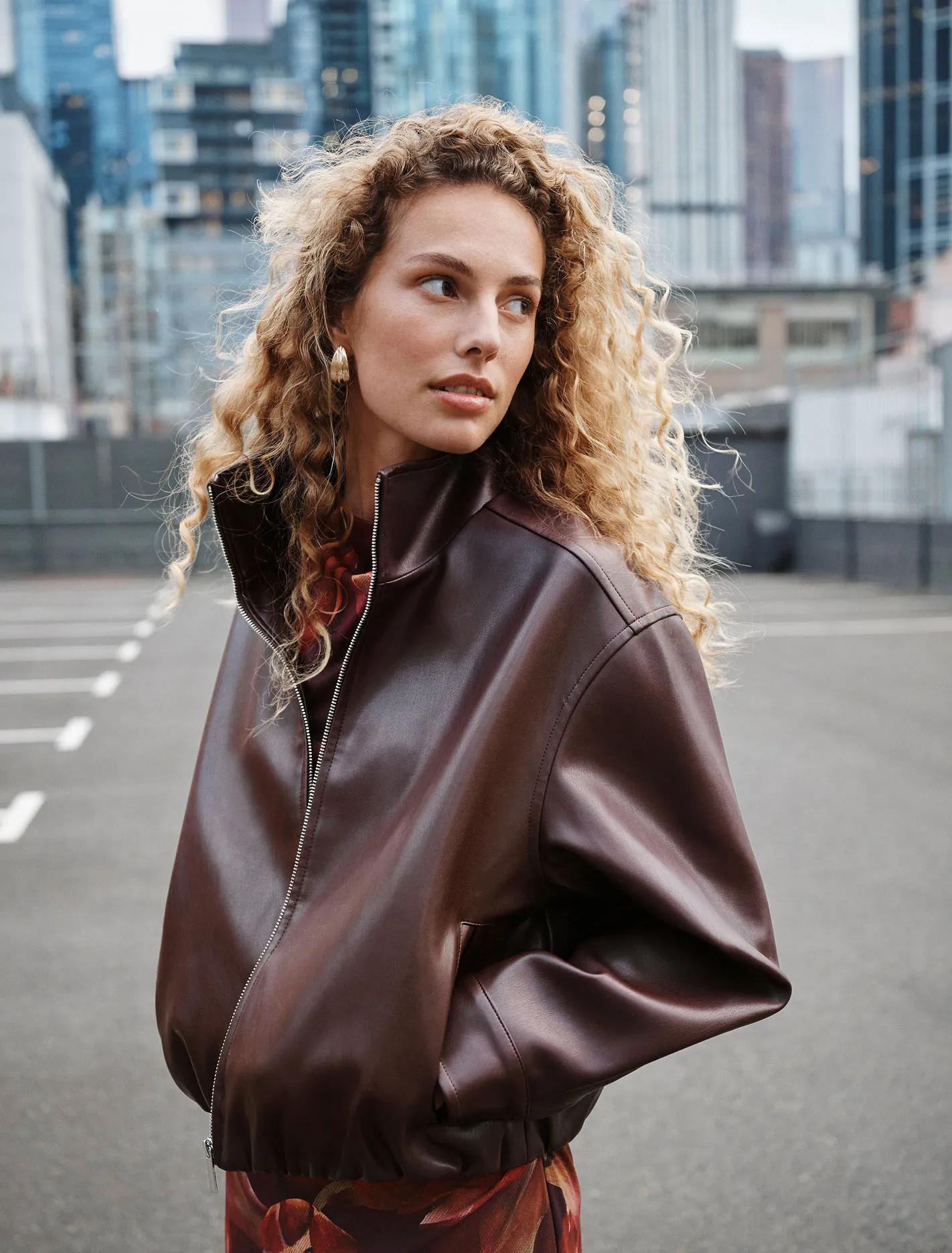 Julia Faux Leather Funnel Neck Jacket Berry