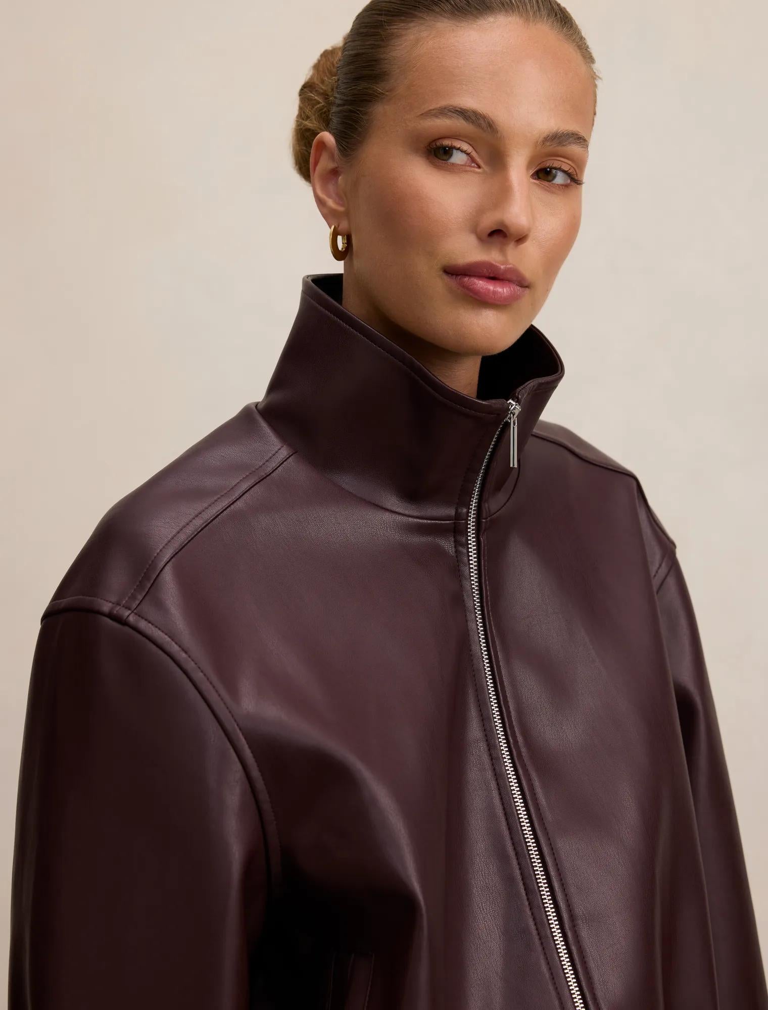 Julia Faux Leather Funnel Neck Jacket Berry