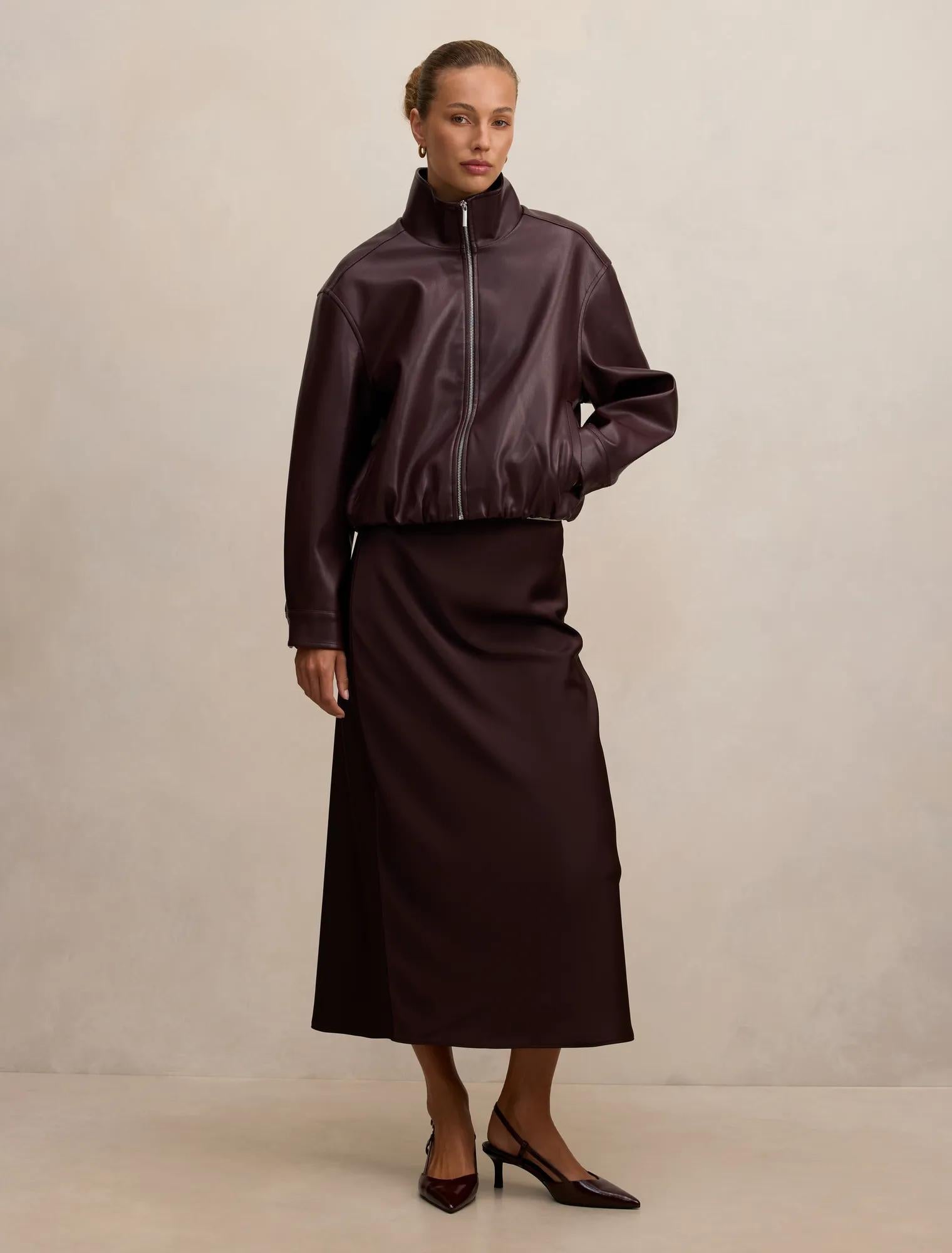 Julia Faux Leather Funnel Neck Jacket Berry