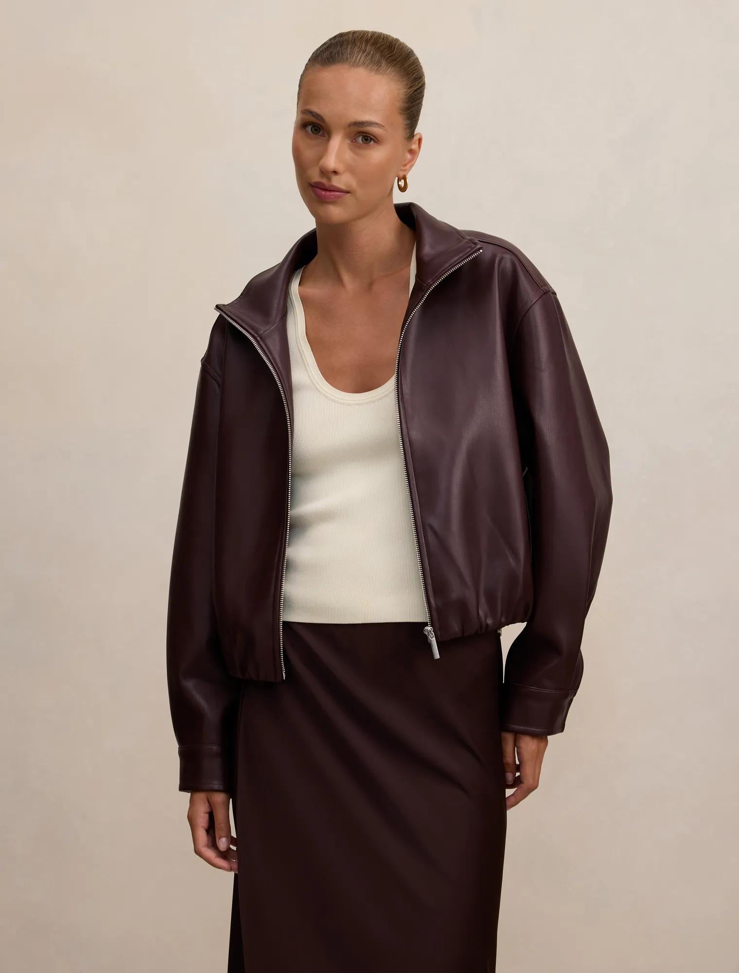 Julia Faux Leather Funnel Neck Jacket Berry